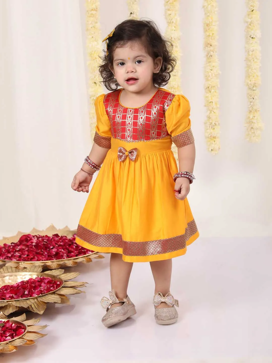 Jashvi Girl's Red And Yellow Banarsi Frock