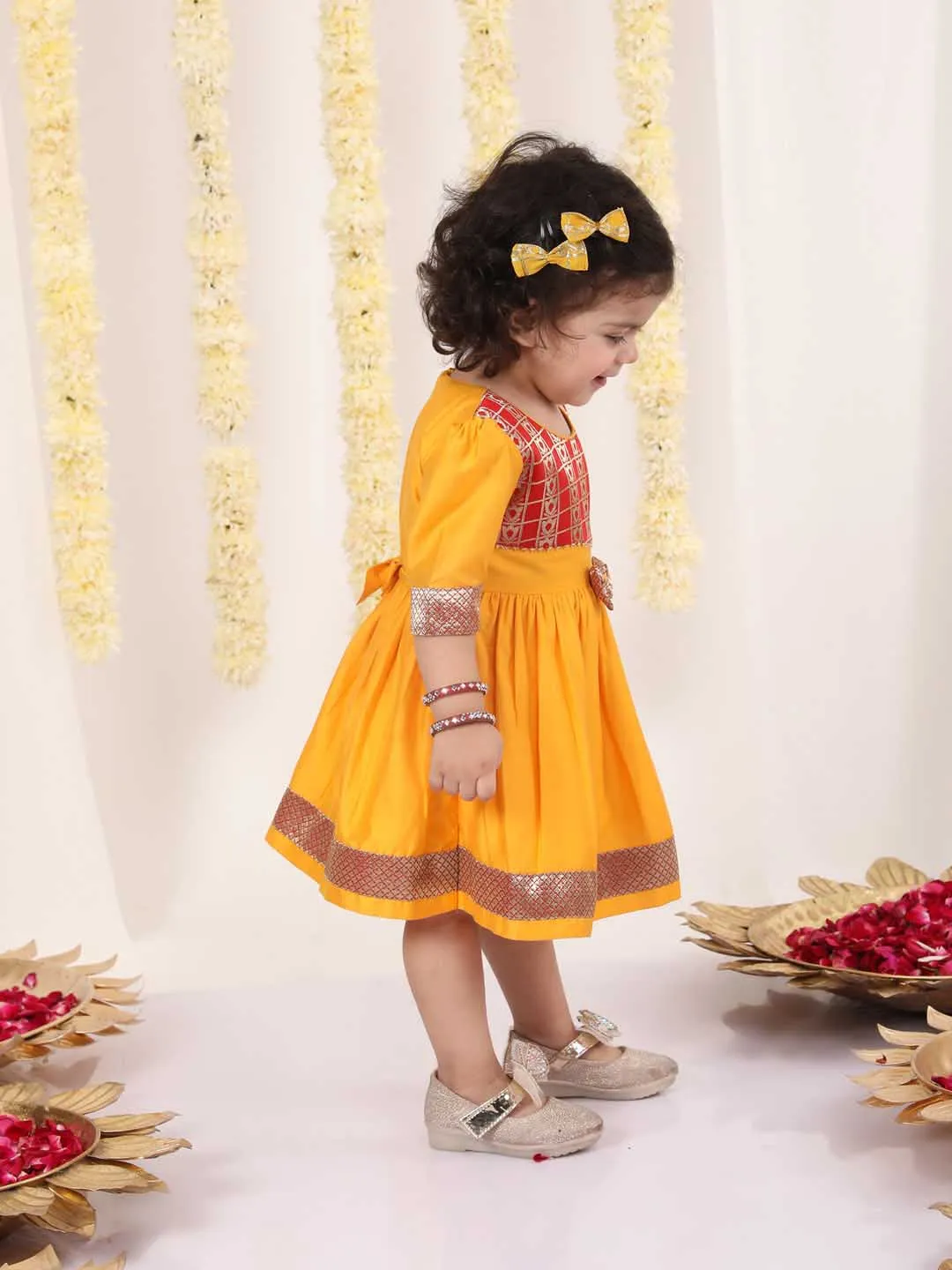 Jashvi Girl's Red And Yellow Banarsi Frock