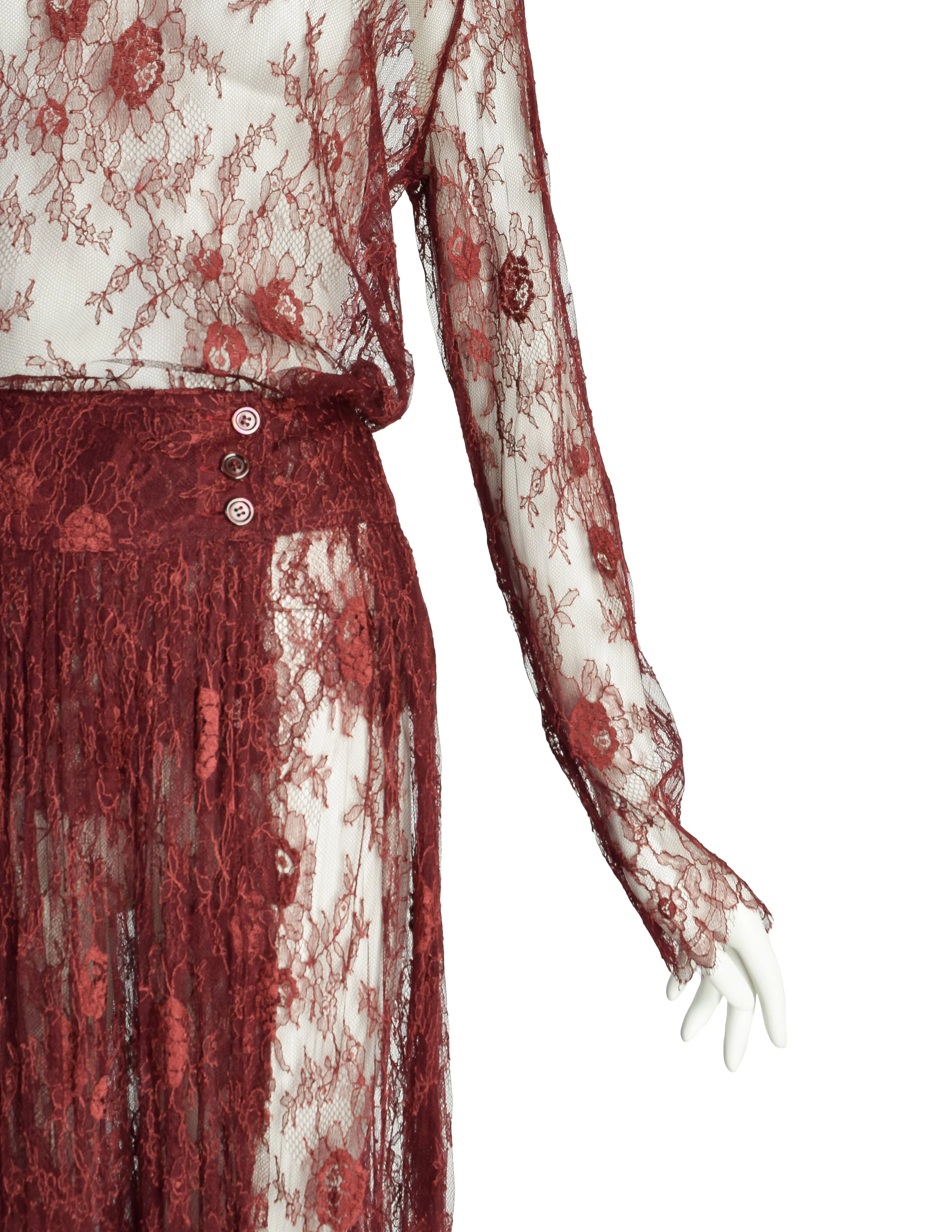 Kenzo Vintage Early 1980s Burgundy Sheer Floral Chantilly Lace Top and Skirt Ensemble Set