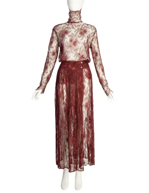 Kenzo Vintage Early 1980s Burgundy Sheer Floral Chantilly Lace Top and Skirt Ensemble Set