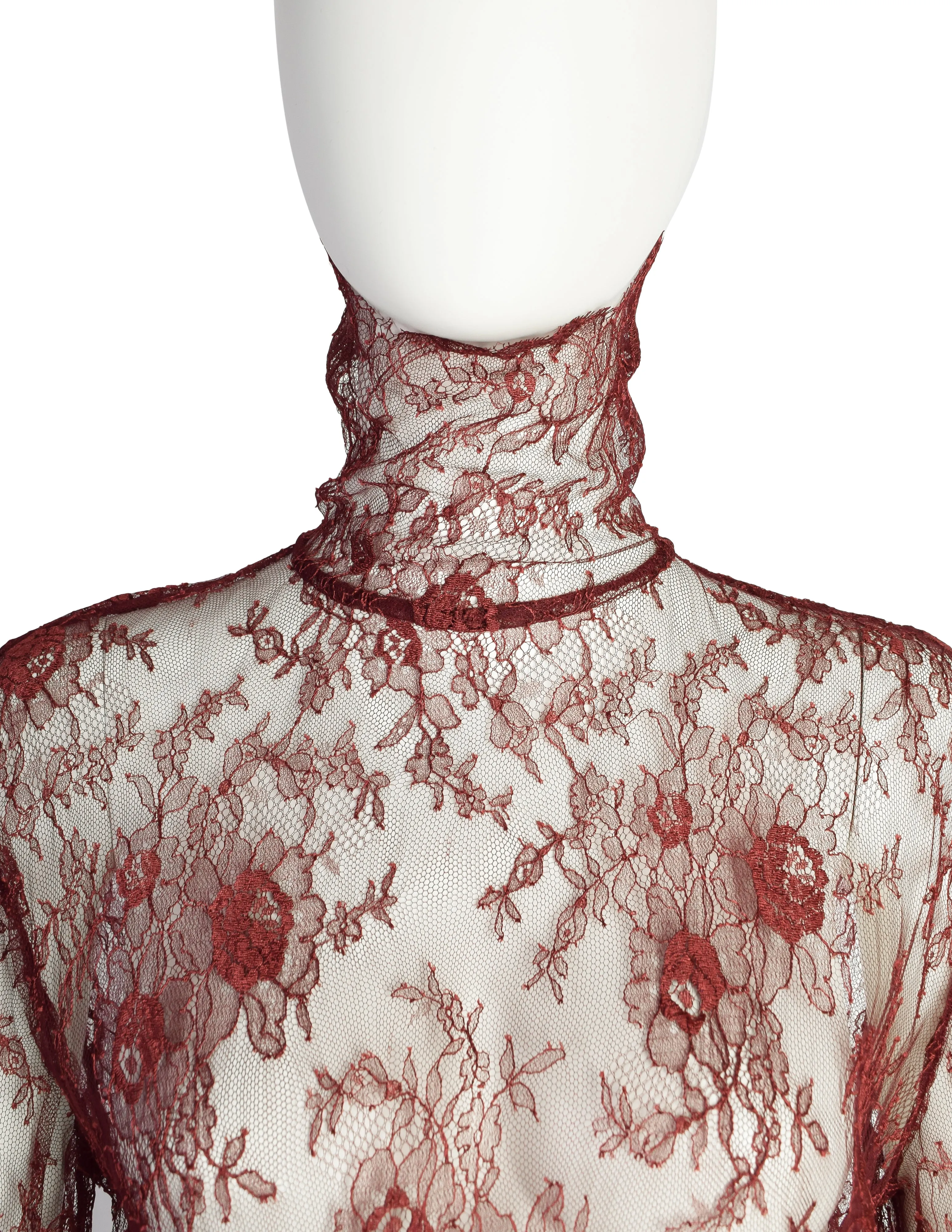 Kenzo Vintage Early 1980s Burgundy Sheer Floral Chantilly Lace Top and Skirt Ensemble Set