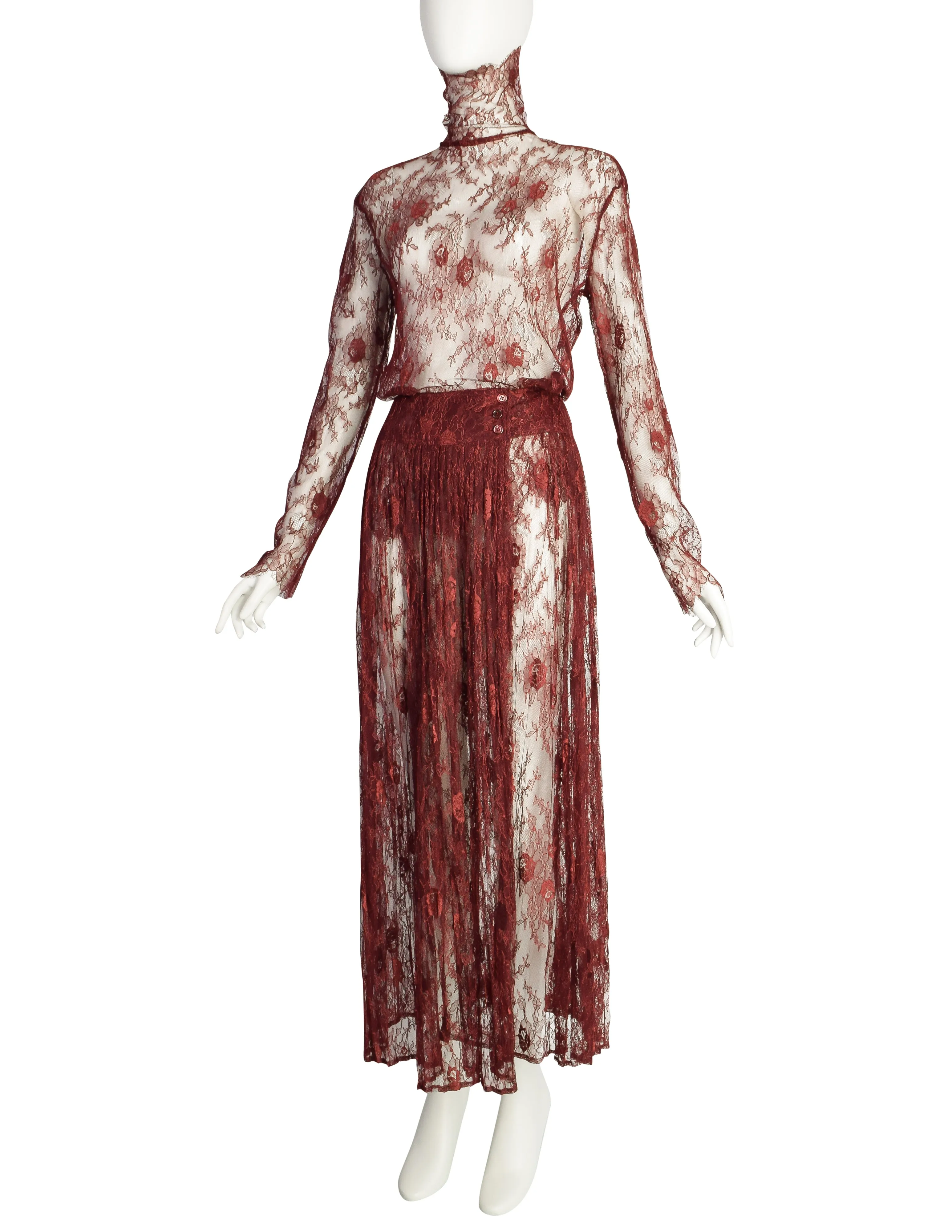 Kenzo Vintage Early 1980s Burgundy Sheer Floral Chantilly Lace Top and Skirt Ensemble Set