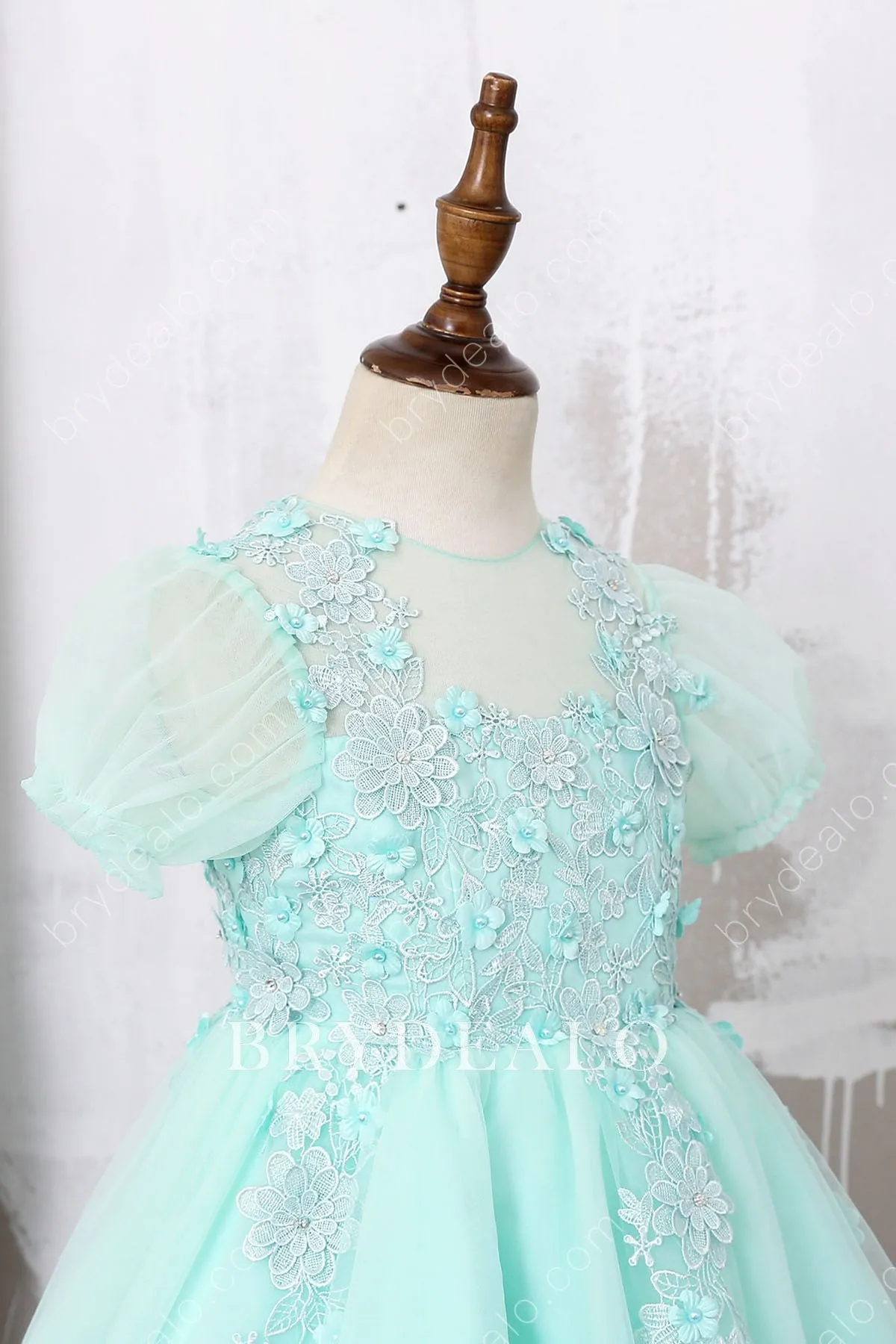 Knee Length Lovely Lace Mint Bubble Sleeve Flower Girl Dress