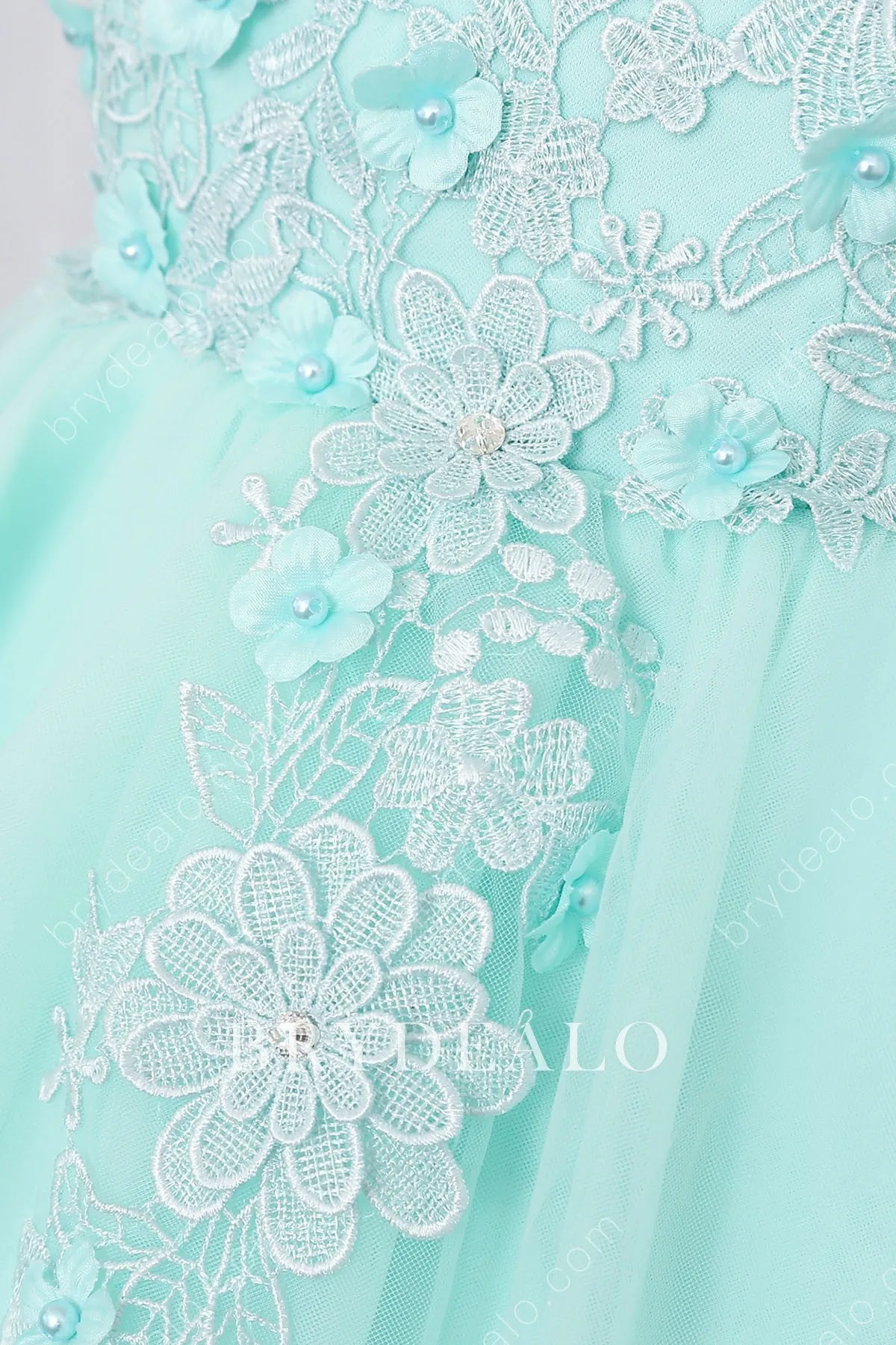 Knee Length Lovely Lace Mint Bubble Sleeve Flower Girl Dress