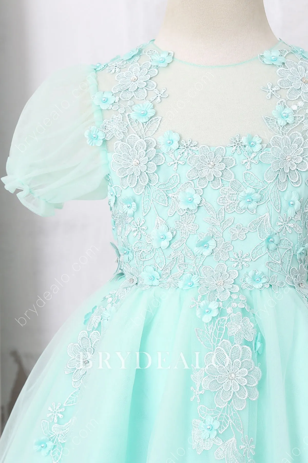 Knee Length Lovely Lace Mint Bubble Sleeve Flower Girl Dress