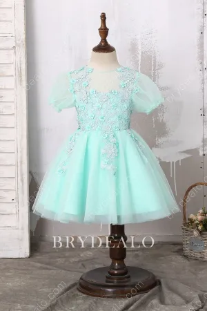 Knee Length Lovely Lace Mint Bubble Sleeve Flower Girl Dress