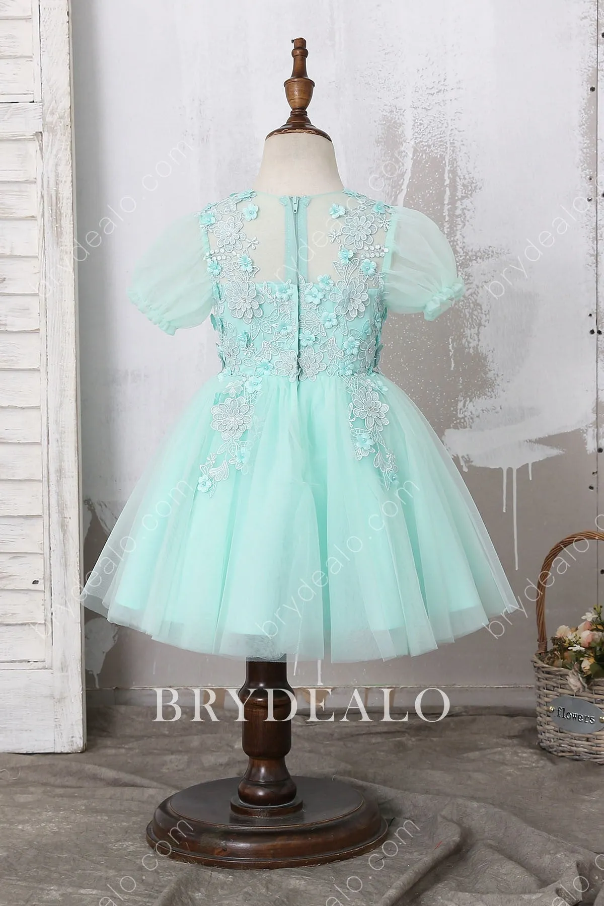 Knee Length Lovely Lace Mint Bubble Sleeve Flower Girl Dress