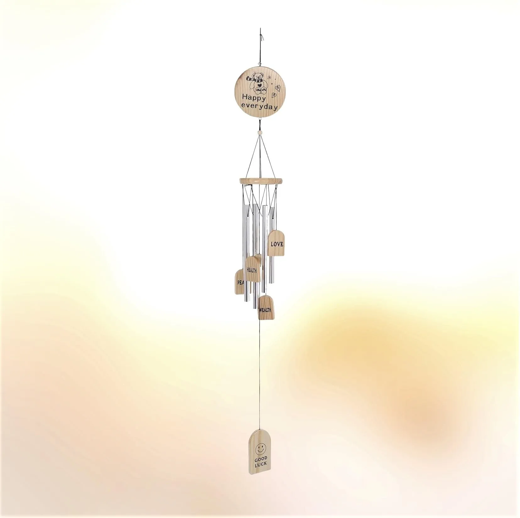 Lilone Happy Everyday Silver Wind Chimes with 4 Aluminium Pipes, 75cm Long, Good Sound, Wood Tags Love, Peace, Health Wealth, Good Luck