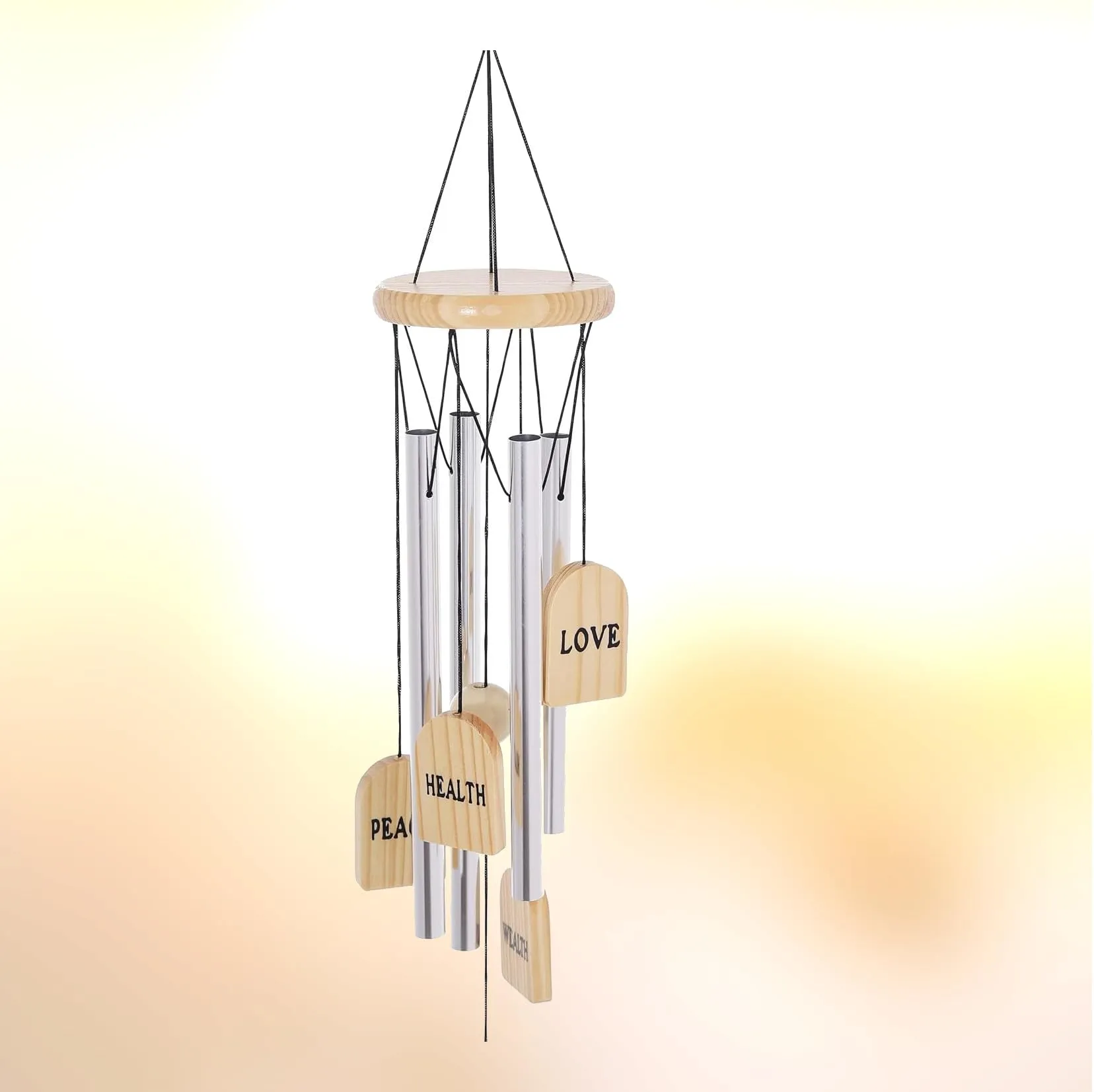 Lilone Happy Everyday Silver Wind Chimes with 4 Aluminium Pipes, 75cm Long, Good Sound, Wood Tags Love, Peace, Health Wealth, Good Luck