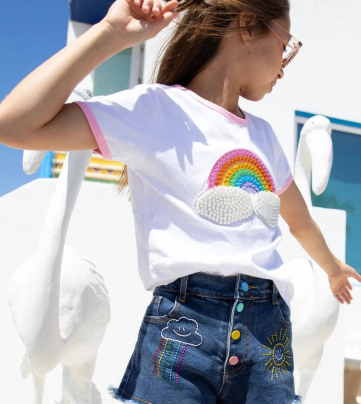 Lola and The Boys Embroidered Rainbow Denim Shorts