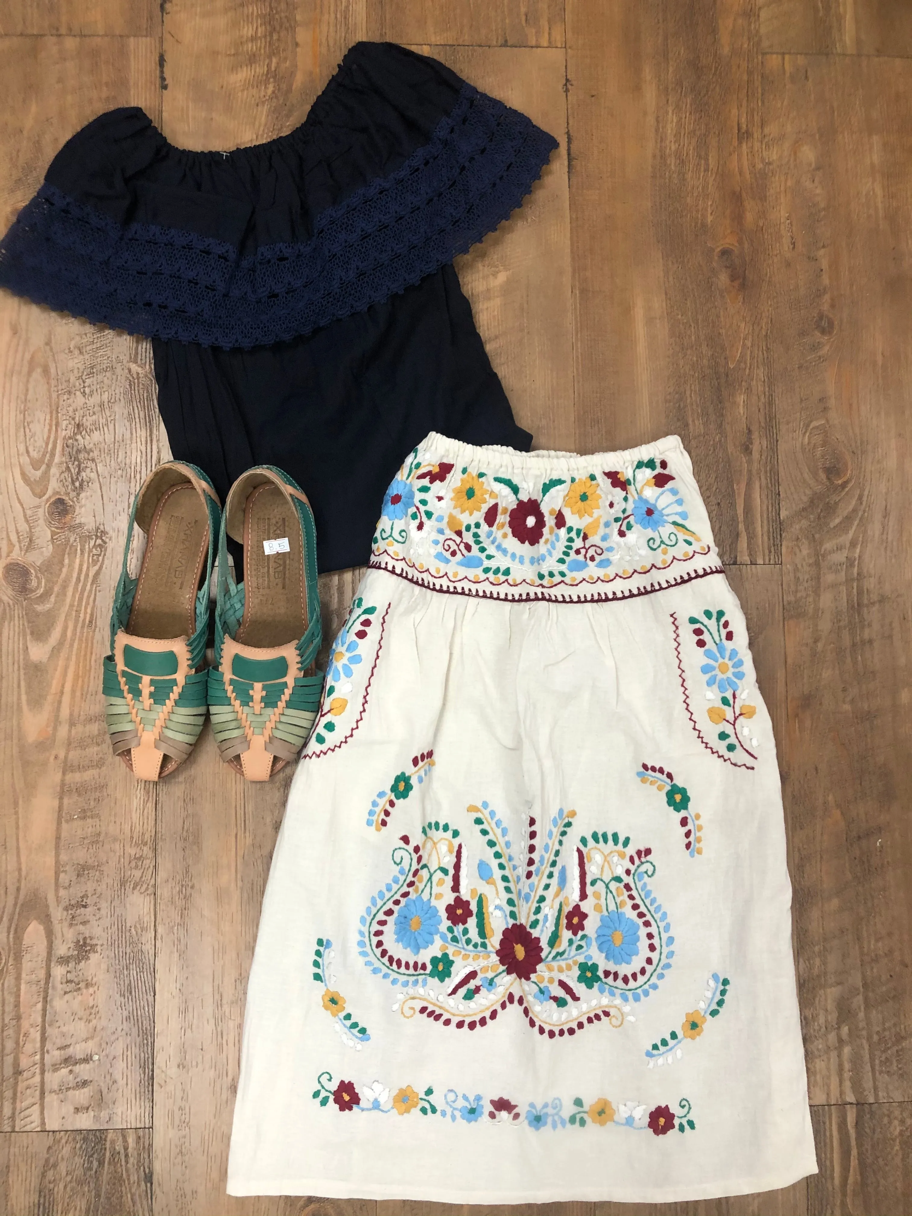 Mexican Cream Floral Embroidered Skirt