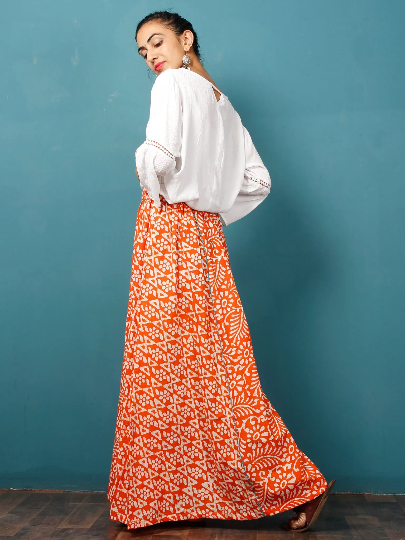 Orange White Teal Green Hand Block Printed Kali Skirt  - S40F340