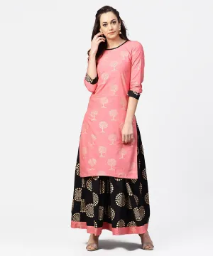 Peach 3/4Th Sleeve Cotton Printed Kurta With Black Printed Ankle Length Skirt