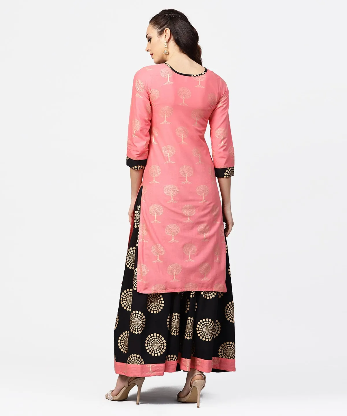 Peach 3/4Th Sleeve Cotton Printed Kurta With Black Printed Ankle Length Skirt