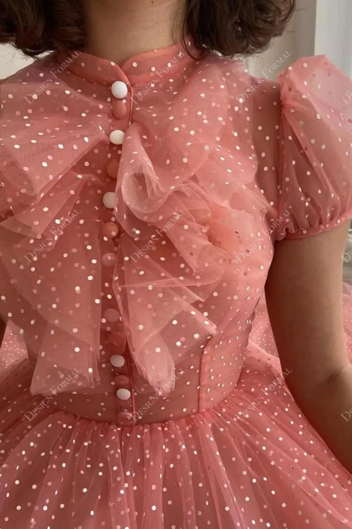 Peach Dot Tulle High Neck Short Sleeves Pocket A-line Formal Dress