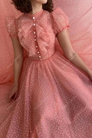 Peach Dot Tulle High Neck Short Sleeves Pocket A-line Formal Dress