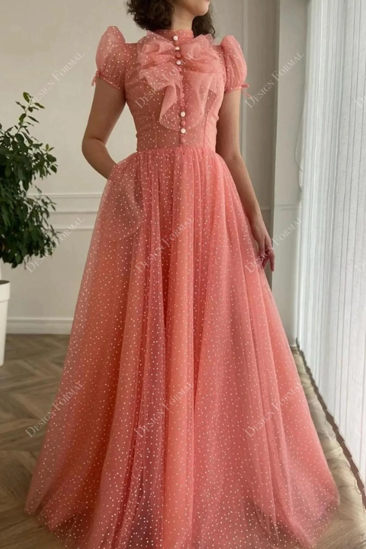 Peach Dot Tulle High Neck Short Sleeves Pocket A-line Formal Dress