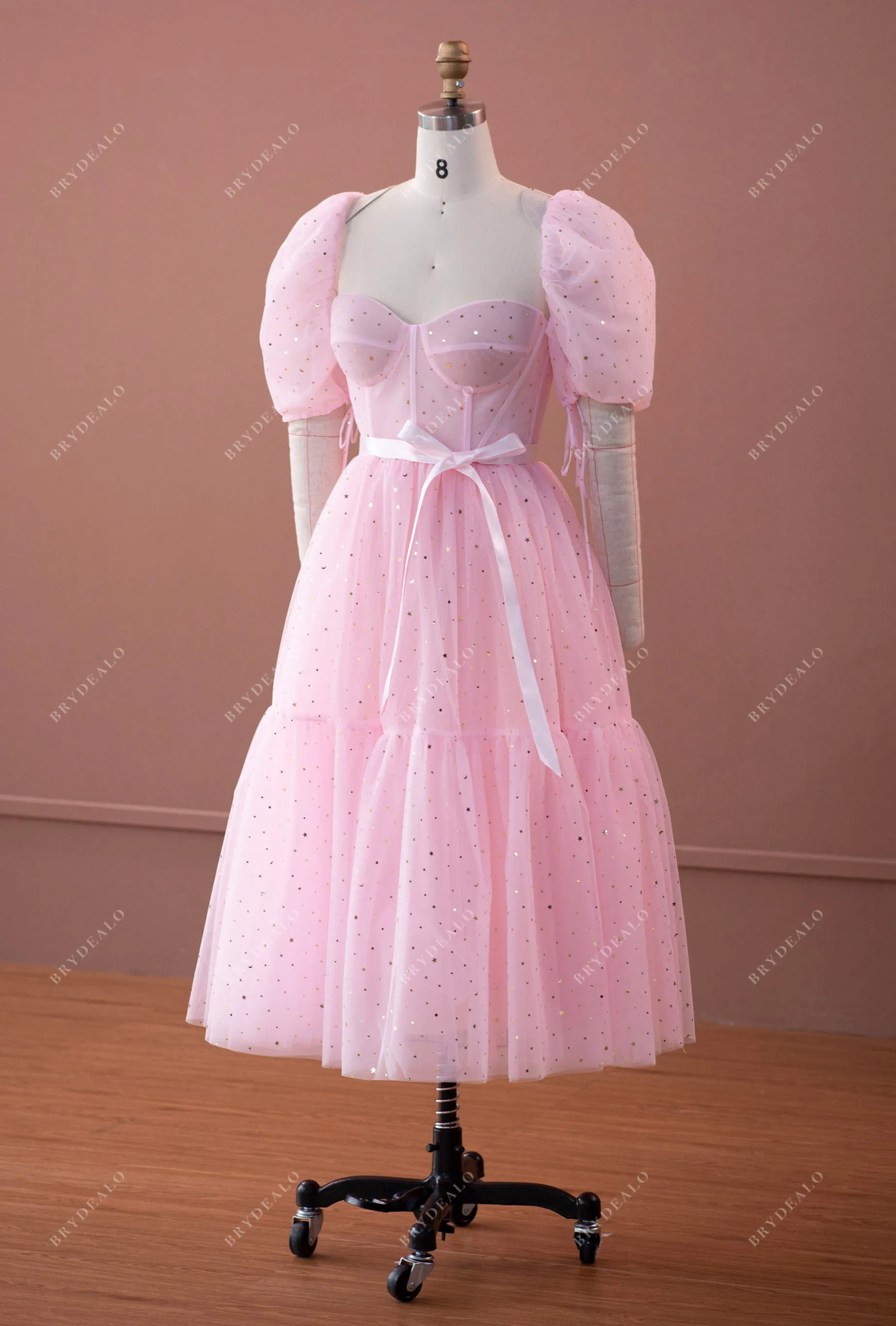 Pink Bubble Sleeve Gold Stars Corset Tea Length Prom Dress