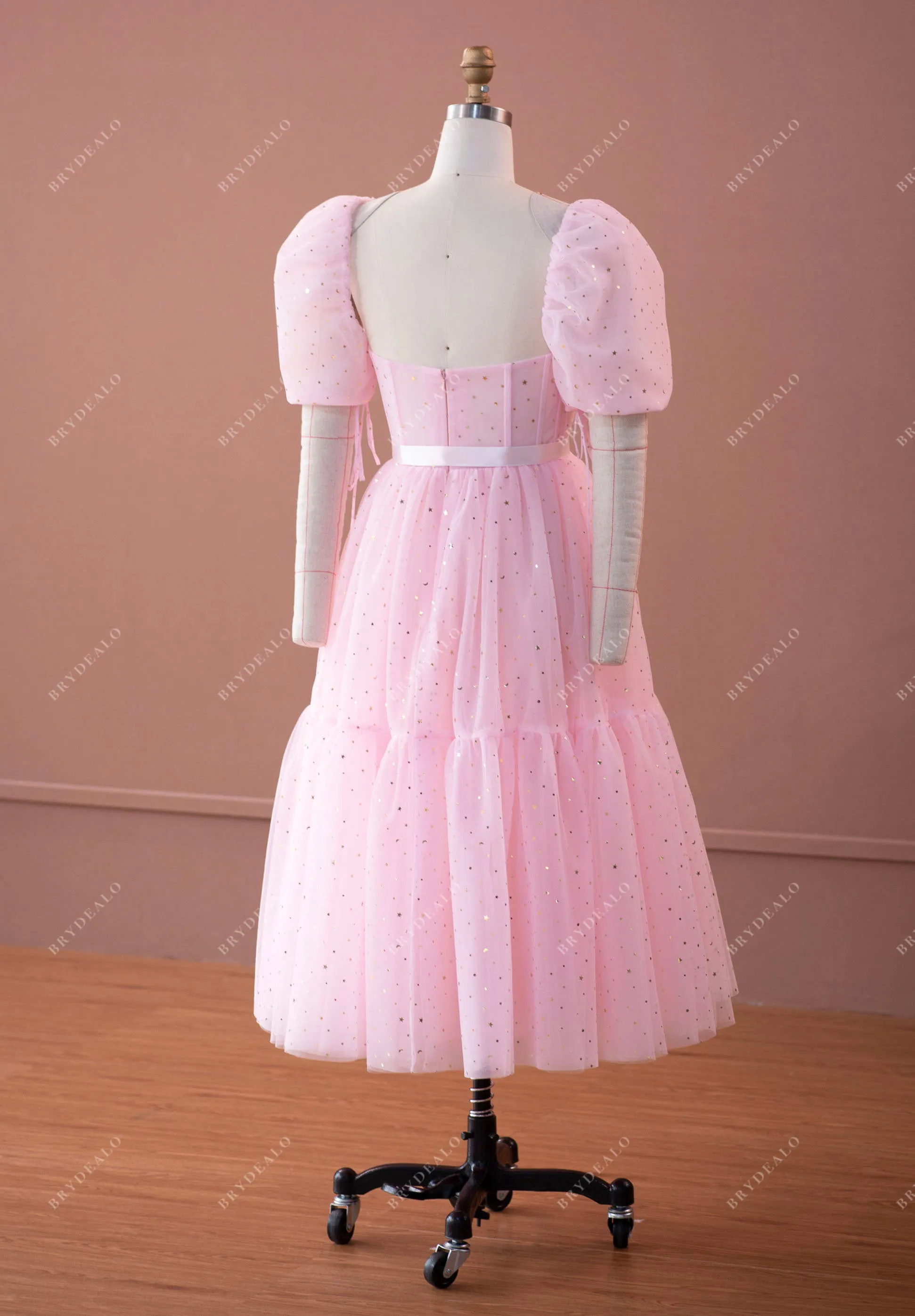 Pink Bubble Sleeve Gold Stars Corset Tea Length Prom Dress