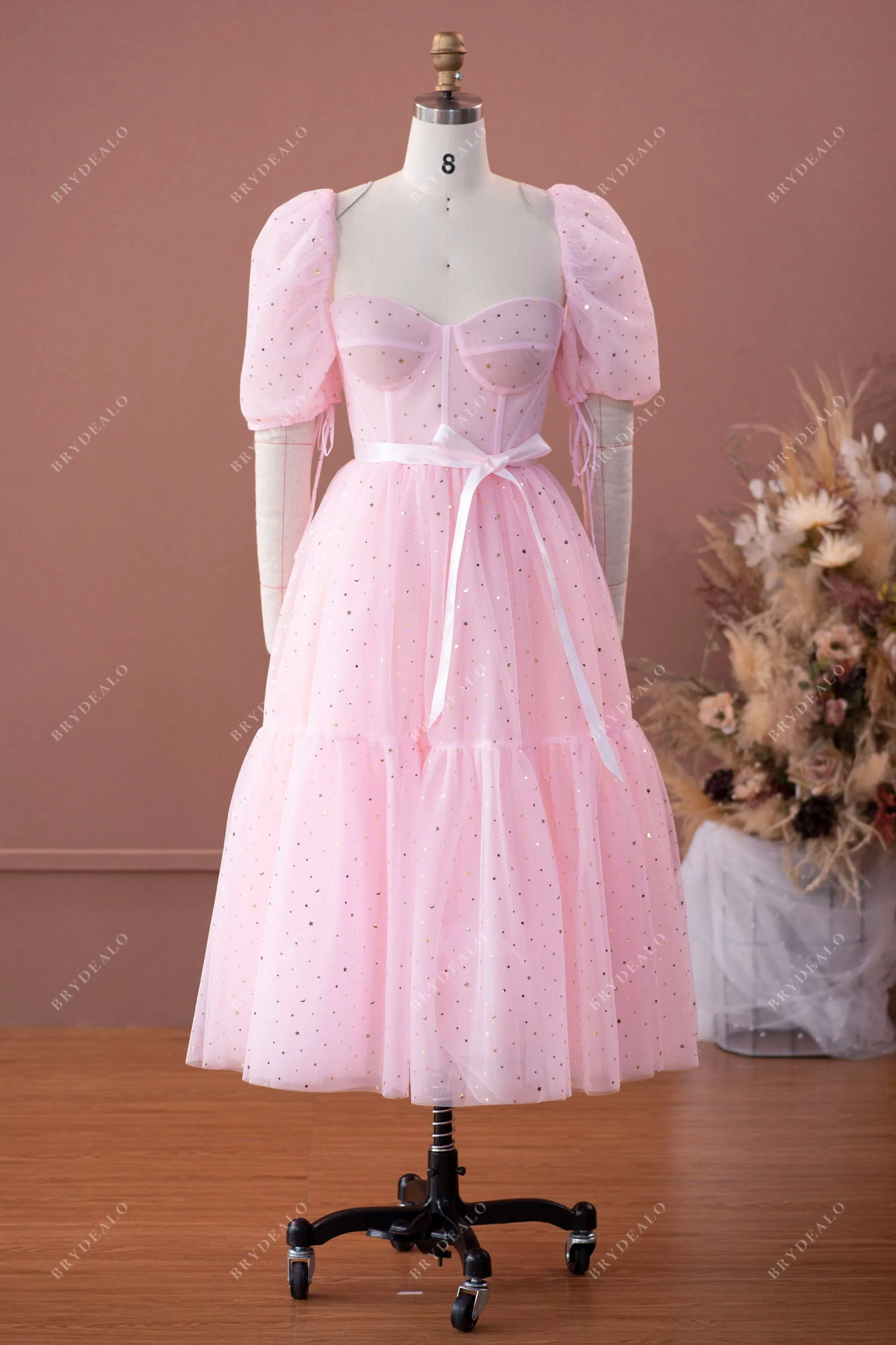 Pink Bubble Sleeve Gold Stars Corset Tea Length Prom Dress