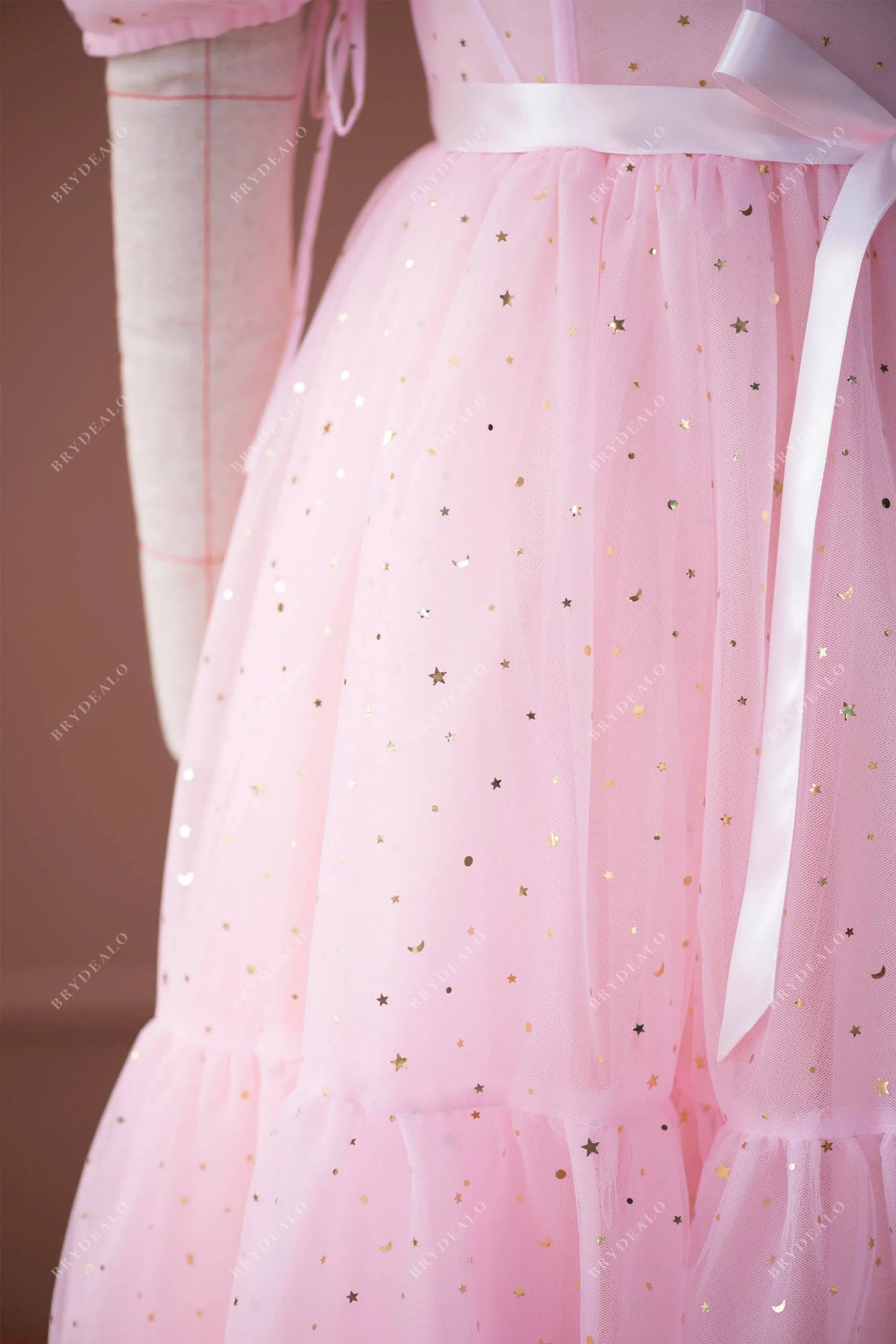 Pink Bubble Sleeve Gold Stars Corset Tea Length Prom Dress