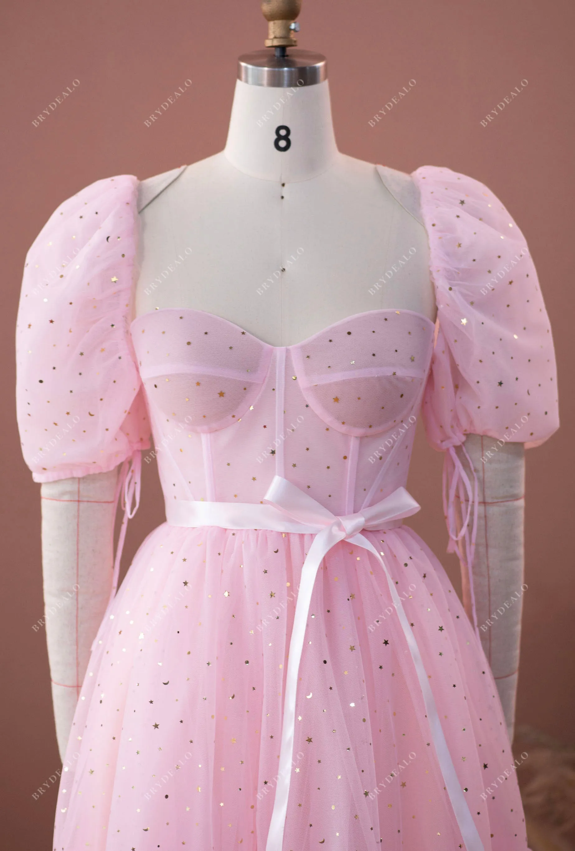 Pink Bubble Sleeve Gold Stars Corset Tea Length Prom Dress