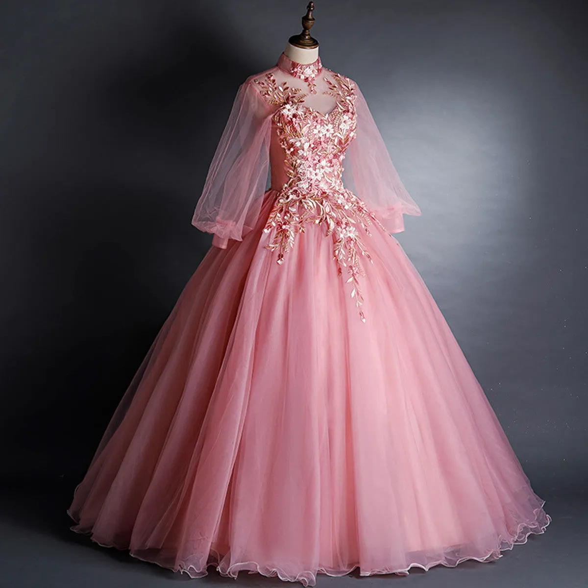 Pink High Neckline Floral Lace Puffy Sleeves Sweet 16 Dress, Pink Tulle Formal Dress