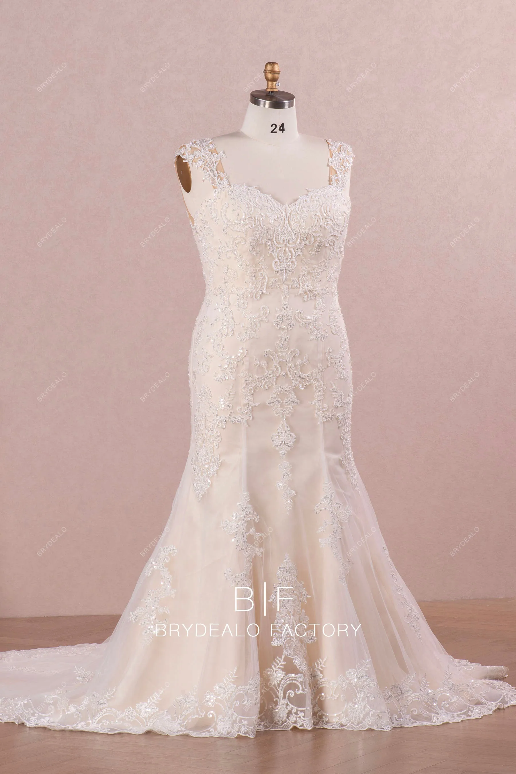 Plus Size Beaded Lace Elegant Mermaid Champagne Wedding Dress