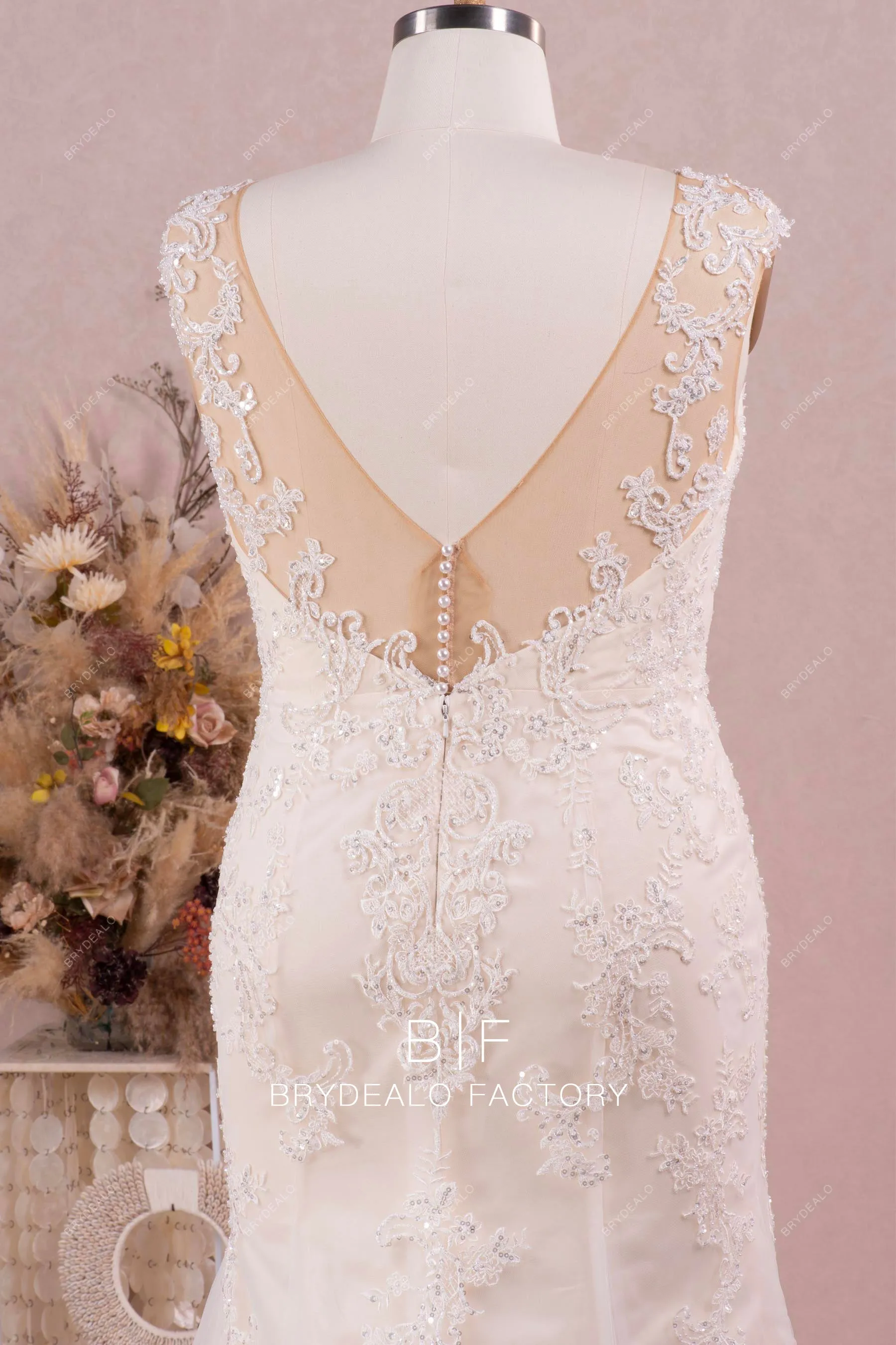 Plus Size Beaded Lace Elegant Mermaid Champagne Wedding Dress