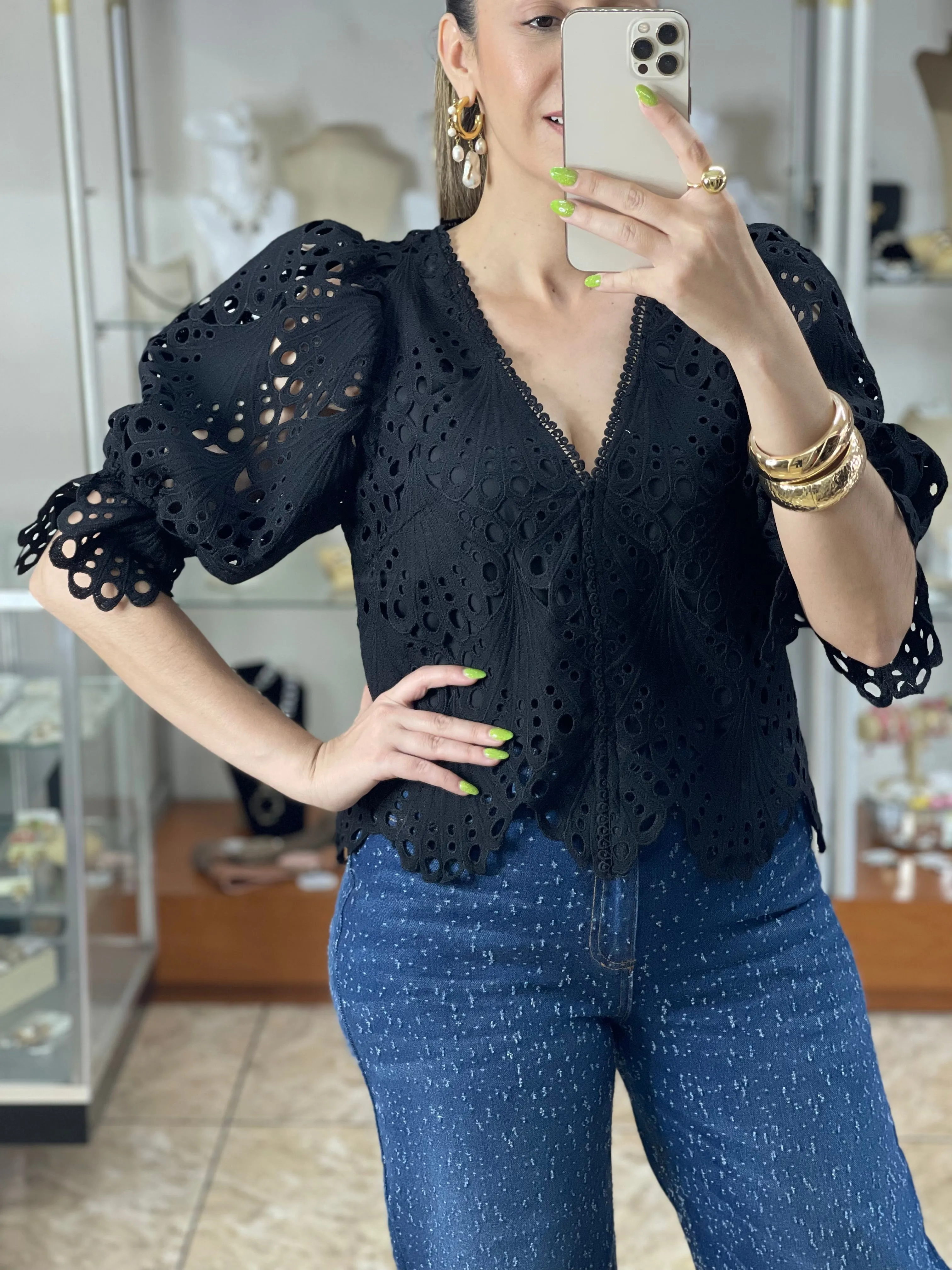 Puffy Sleeves Eyelet Top