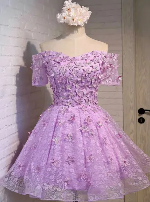 Purple Homecoming Dress Short Sleeve Lace Cocktail