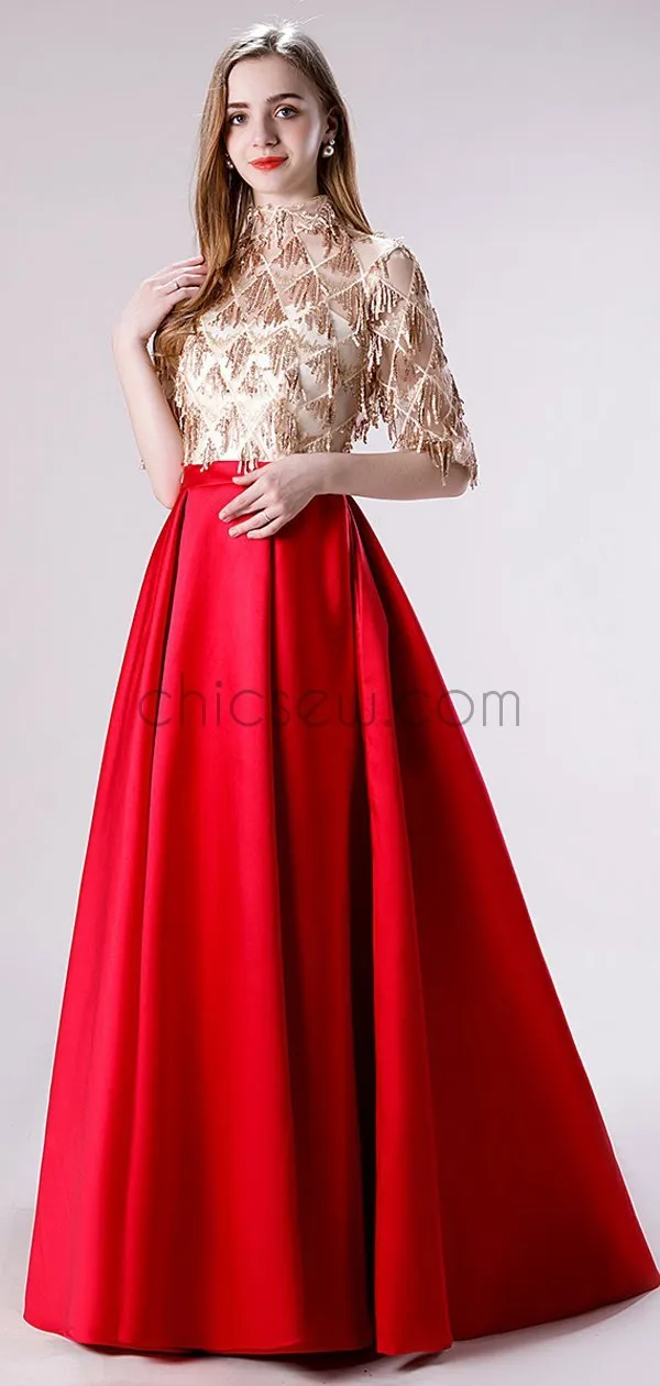 Red Satin Sequin Half sleeves High Neck Elegant Modest Unique Long Prom Dresses LMX1186