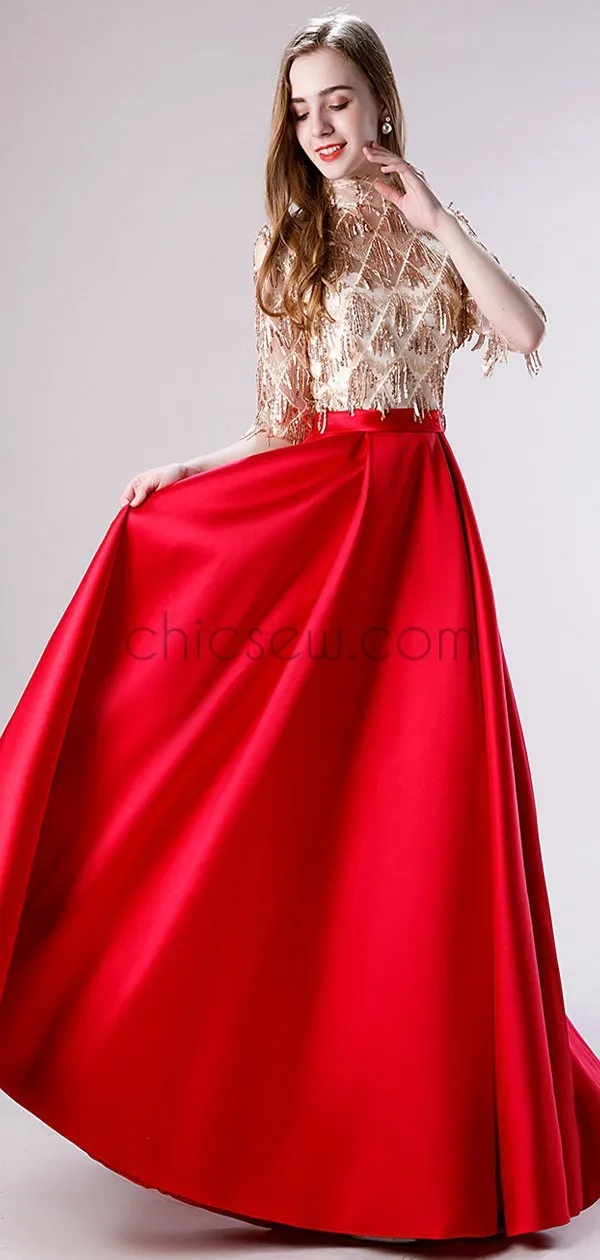 Red Satin Sequin Half sleeves High Neck Elegant Modest Unique Long Prom Dresses LMX1186