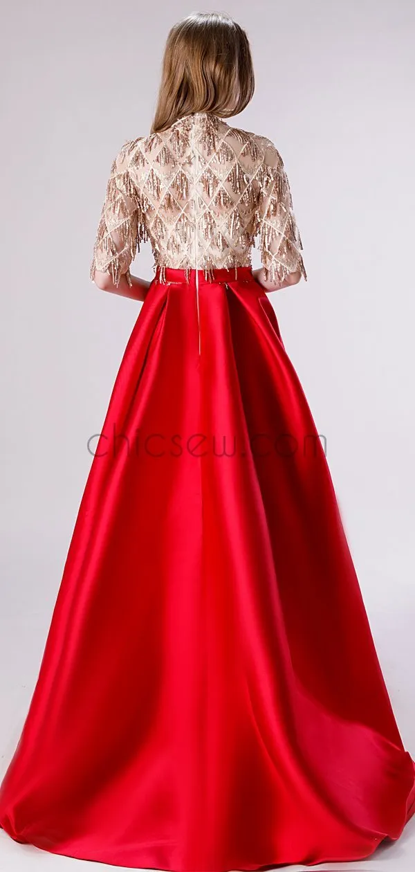 Red Satin Sequin Half sleeves High Neck Elegant Modest Unique Long Prom Dresses LMX1186