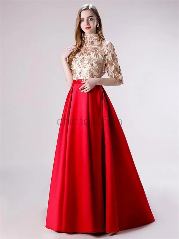 Red Satin Sequin Half sleeves High Neck Elegant Modest Unique Long Prom Dresses LMX1186