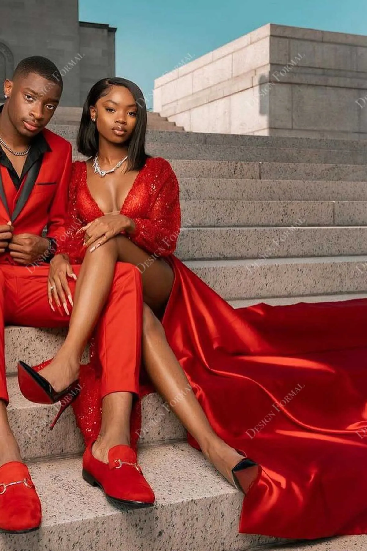 Red Sequined V-neck Long Sleeve Crafted Satin Slit Prom Dress