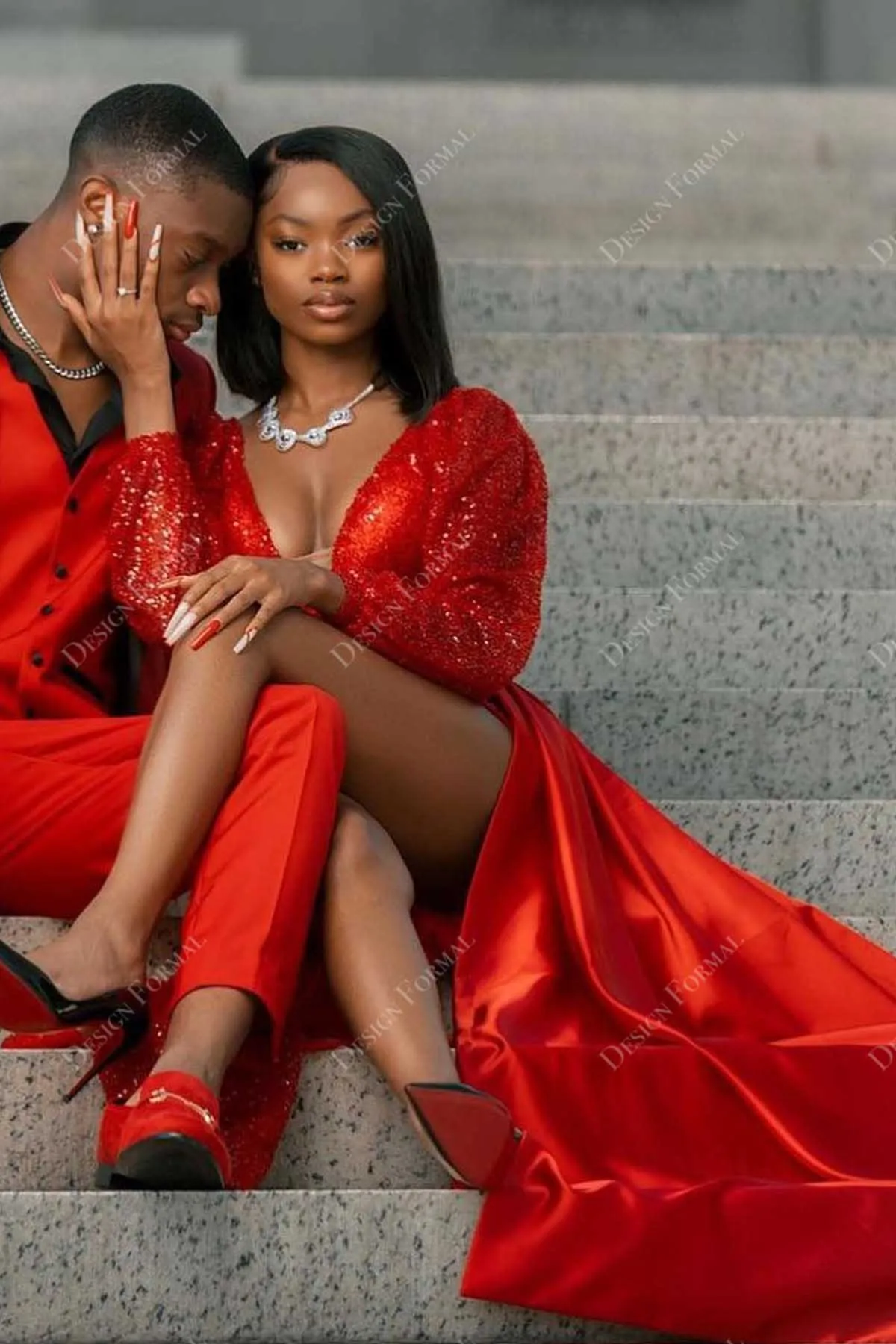 Red Sequined V-neck Long Sleeve Crafted Satin Slit Prom Dress