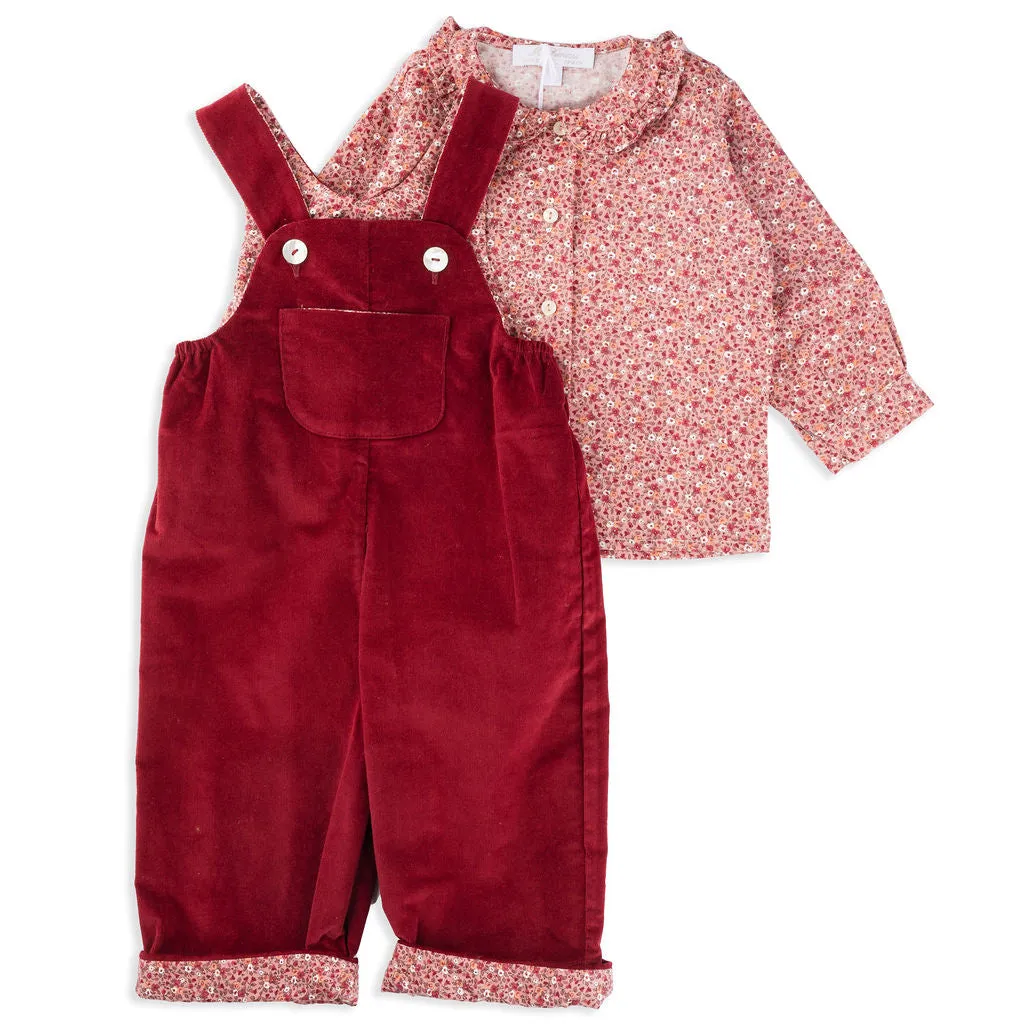 Riley Bordeaux and Floral Corduroy Overalls