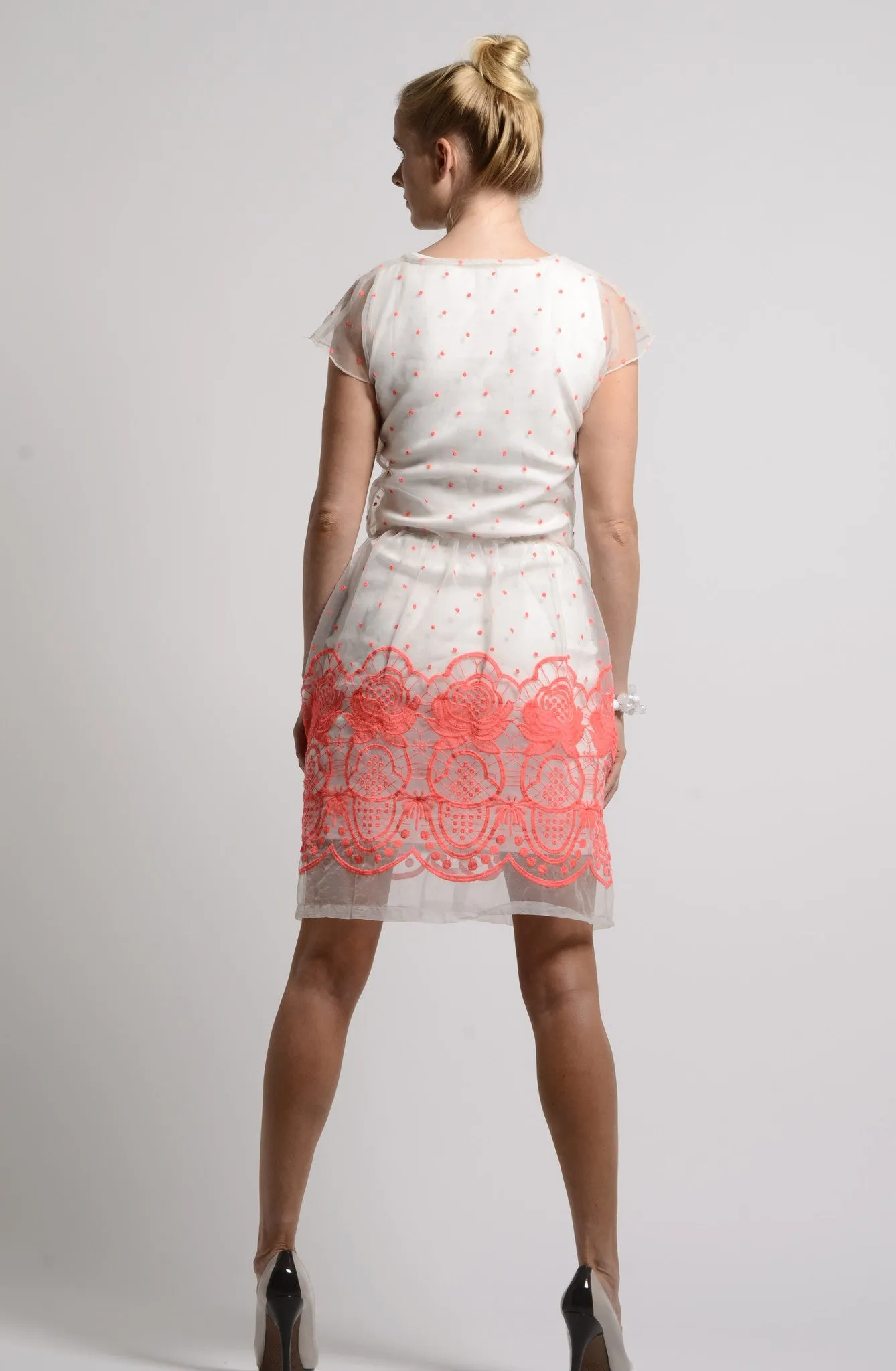 Sheer neon thread embroidered dots & hem dress