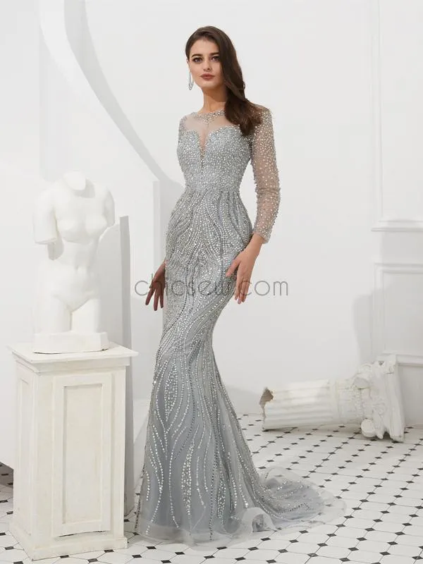 Sparkly Round Neck Long Sleeves Sequin Mermaid Long Prom Dresses, XDM1133