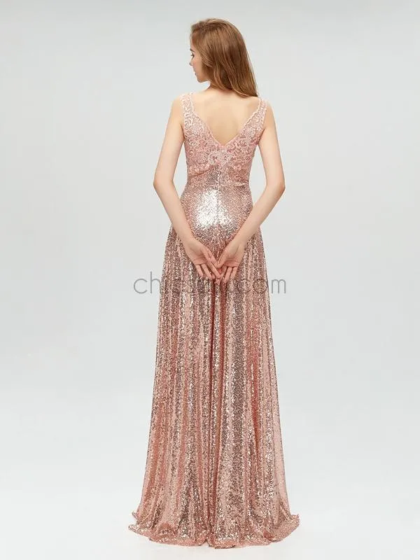 Sparkly Sequin A-line Sleeveless Lace Prom Dress, YKX007