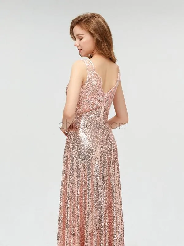 Sparkly Sequin A-line Sleeveless Lace Prom Dress, YKX007