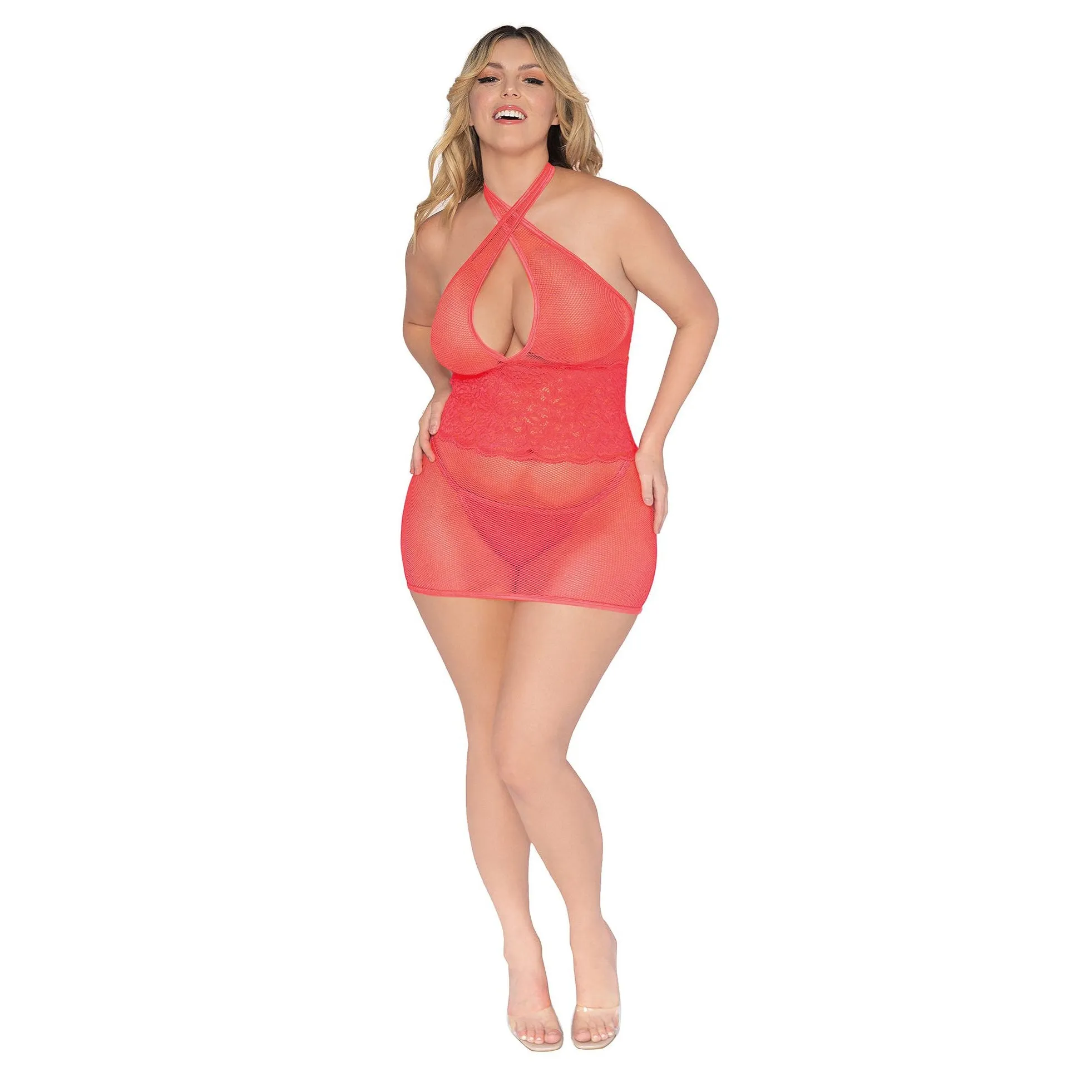 Stretch Fishnet and Scalloped Stretch Lace Chemise - Queen - Coral