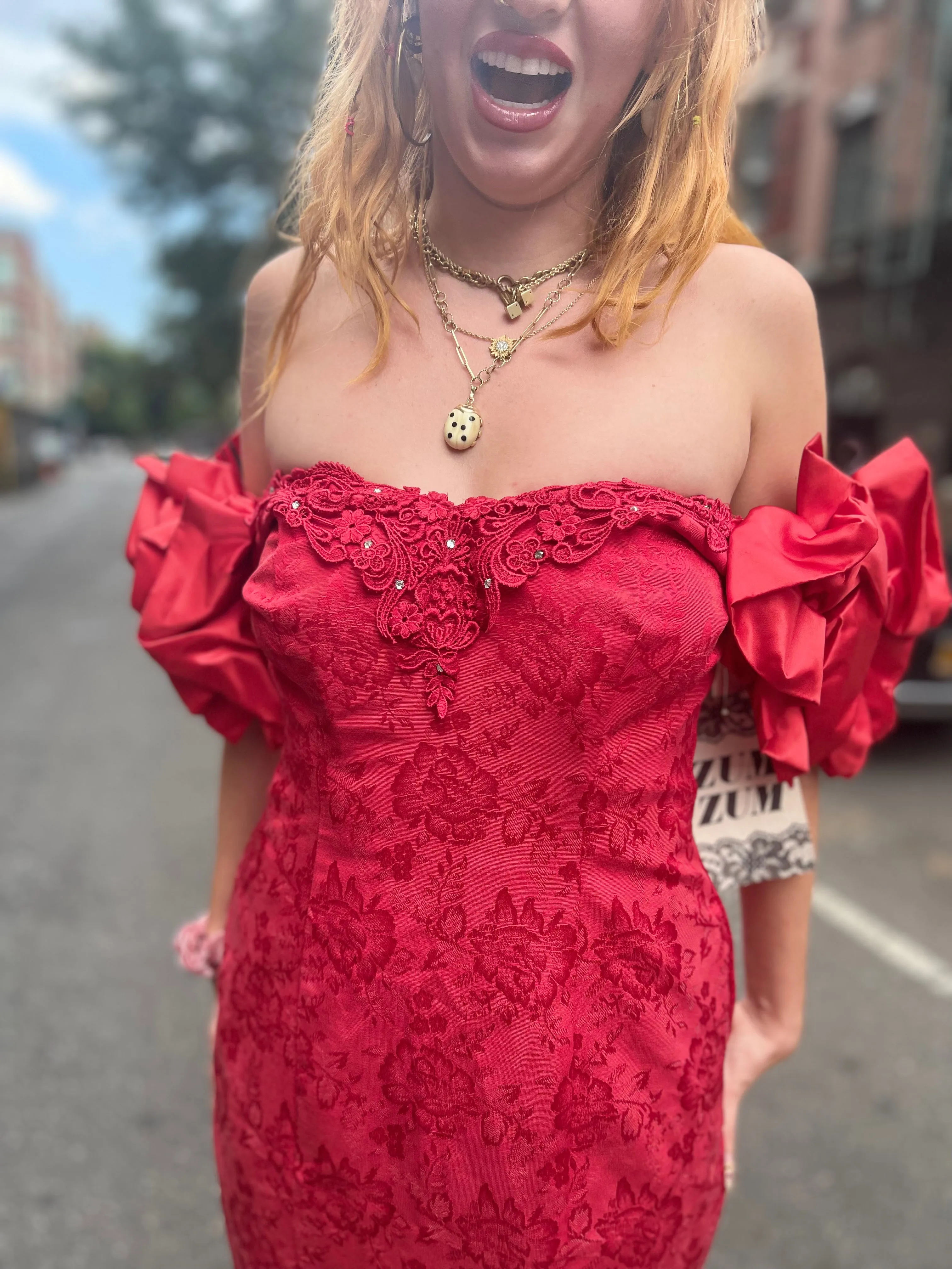 Vintage 80s Red Mini Dress Chenille with Puff Sleeves