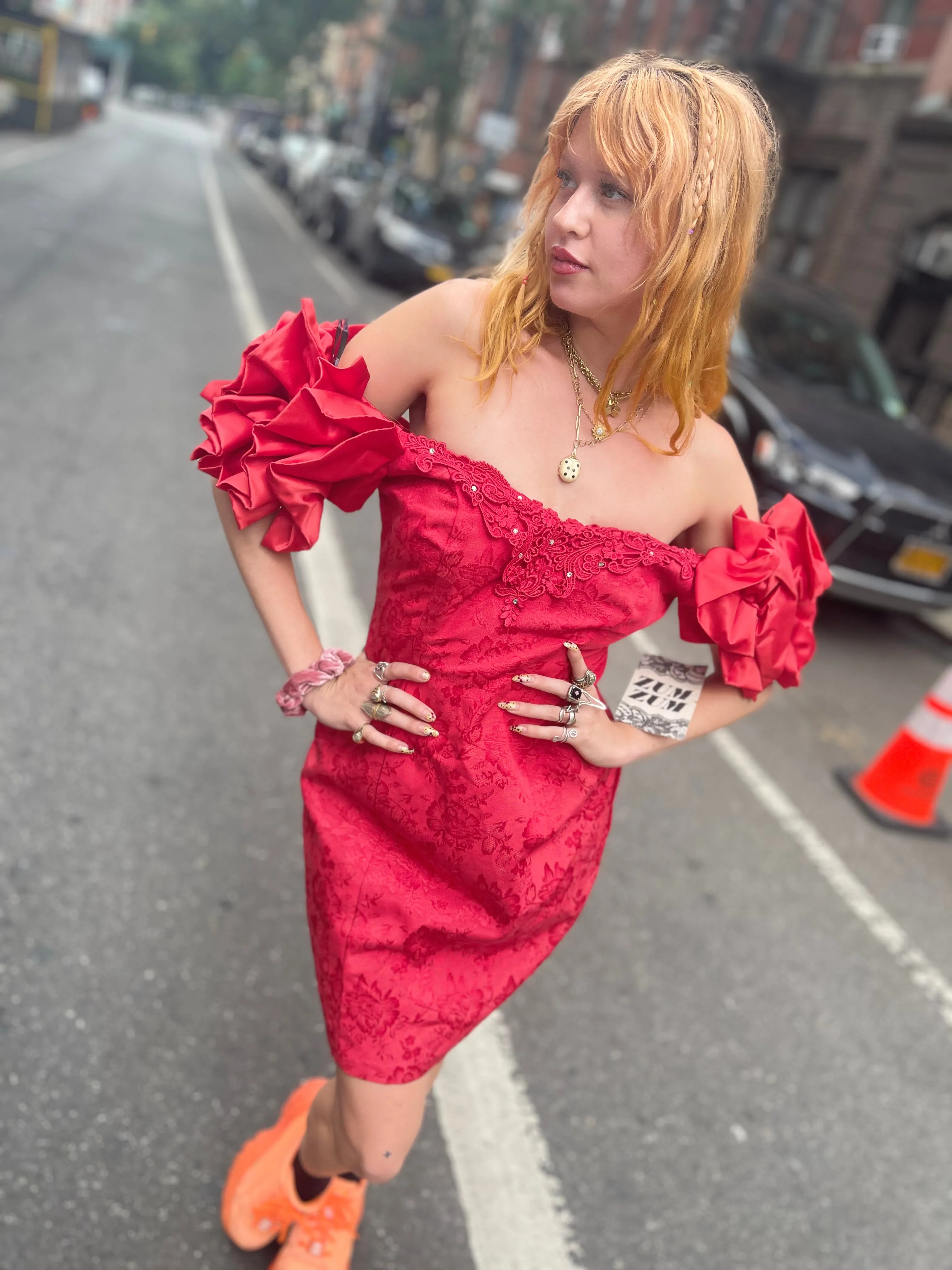 Vintage 80s Red Mini Dress Chenille with Puff Sleeves