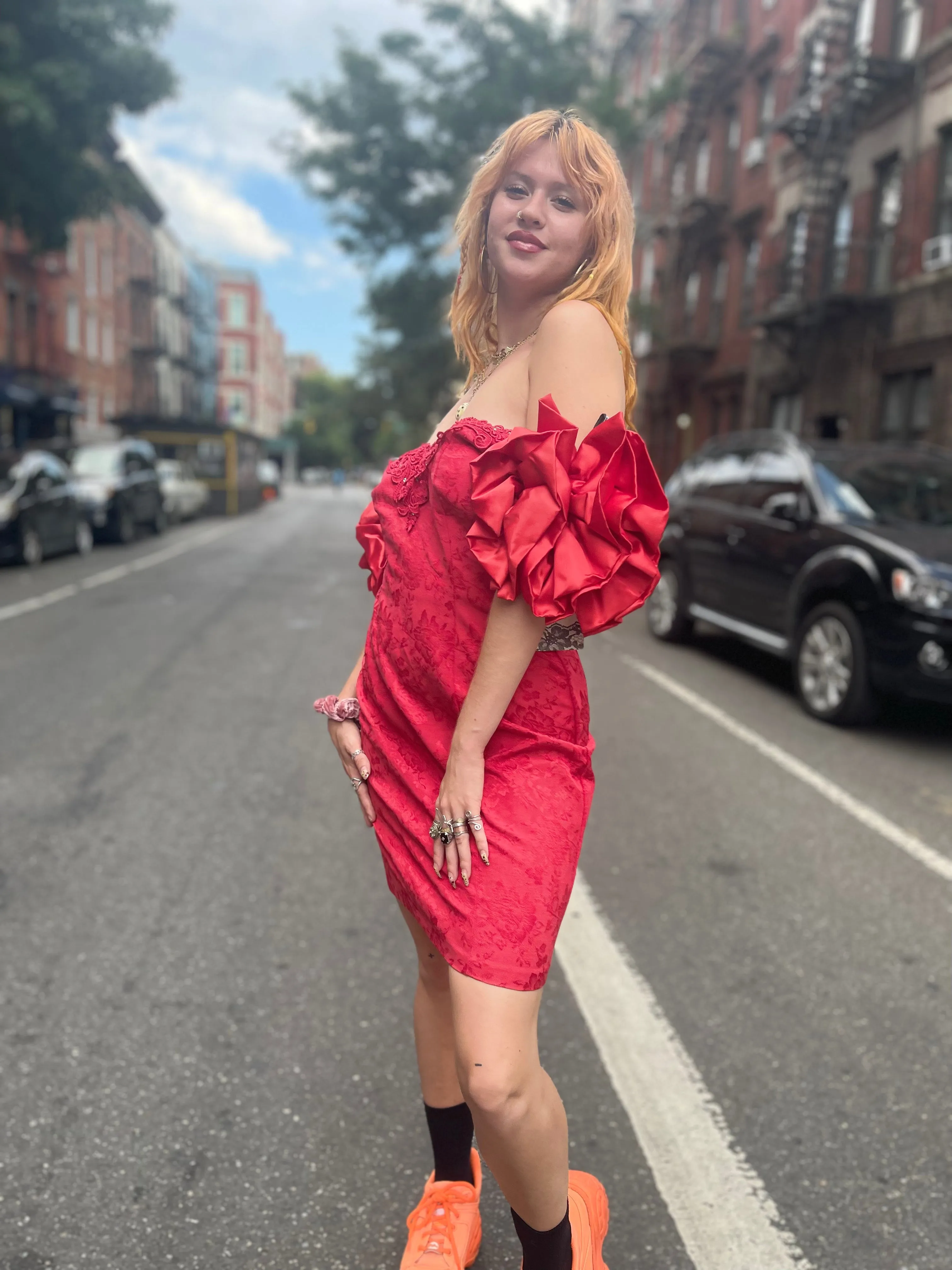 Vintage 80s Red Mini Dress Chenille with Puff Sleeves