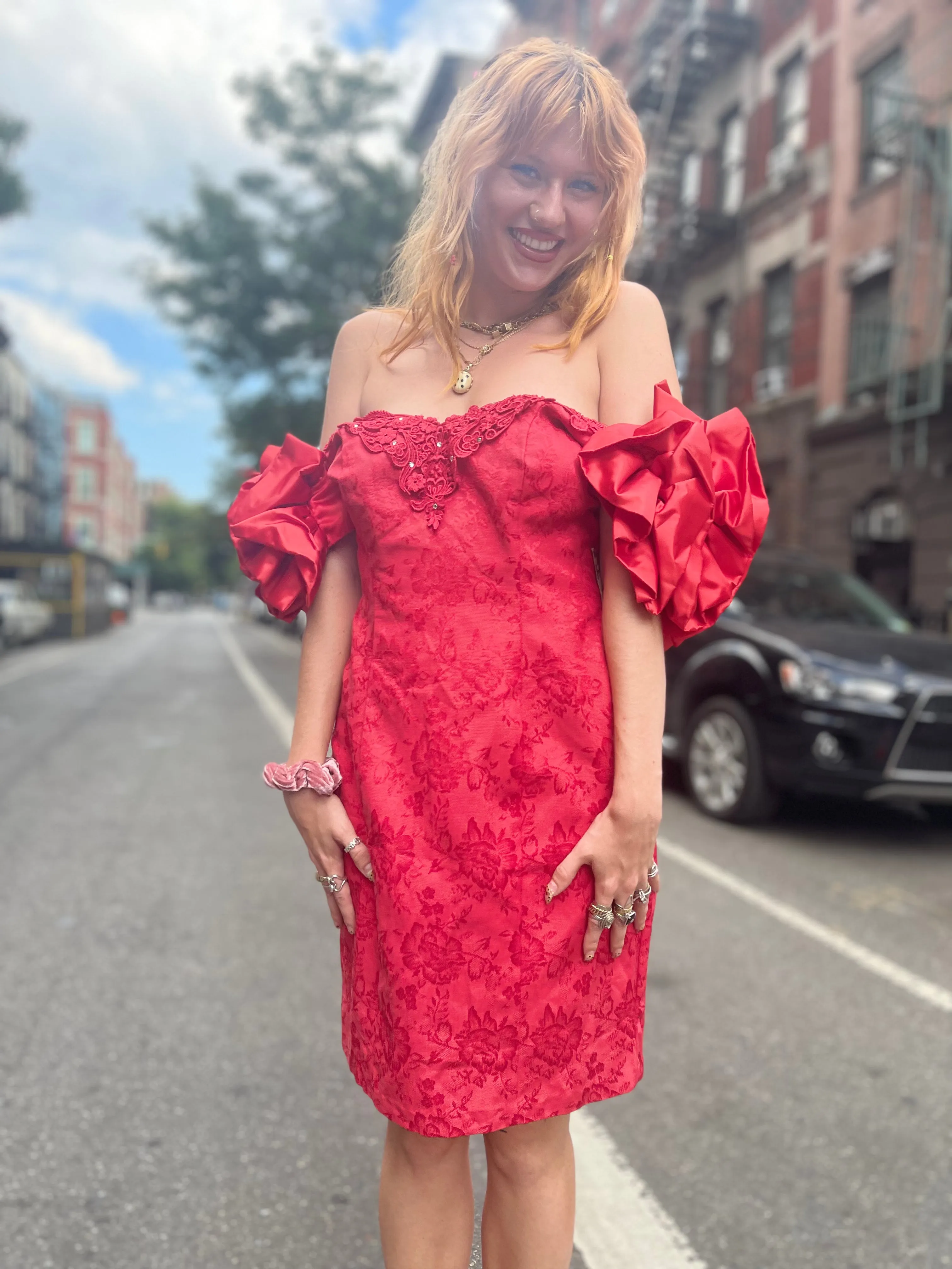 Vintage 80s Red Mini Dress Chenille with Puff Sleeves