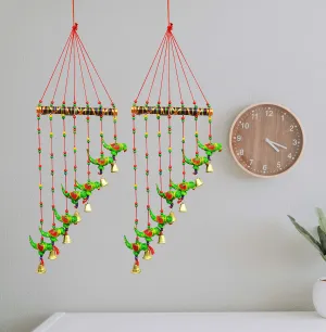 Wind Chimes for Home Decoration Paper Mache Showpiece Parrot Wind Chimes Home Decoration for Hall Balcony Wall/Door/Window Hanging Bells (90 cm, Green) - Combo Set of 2