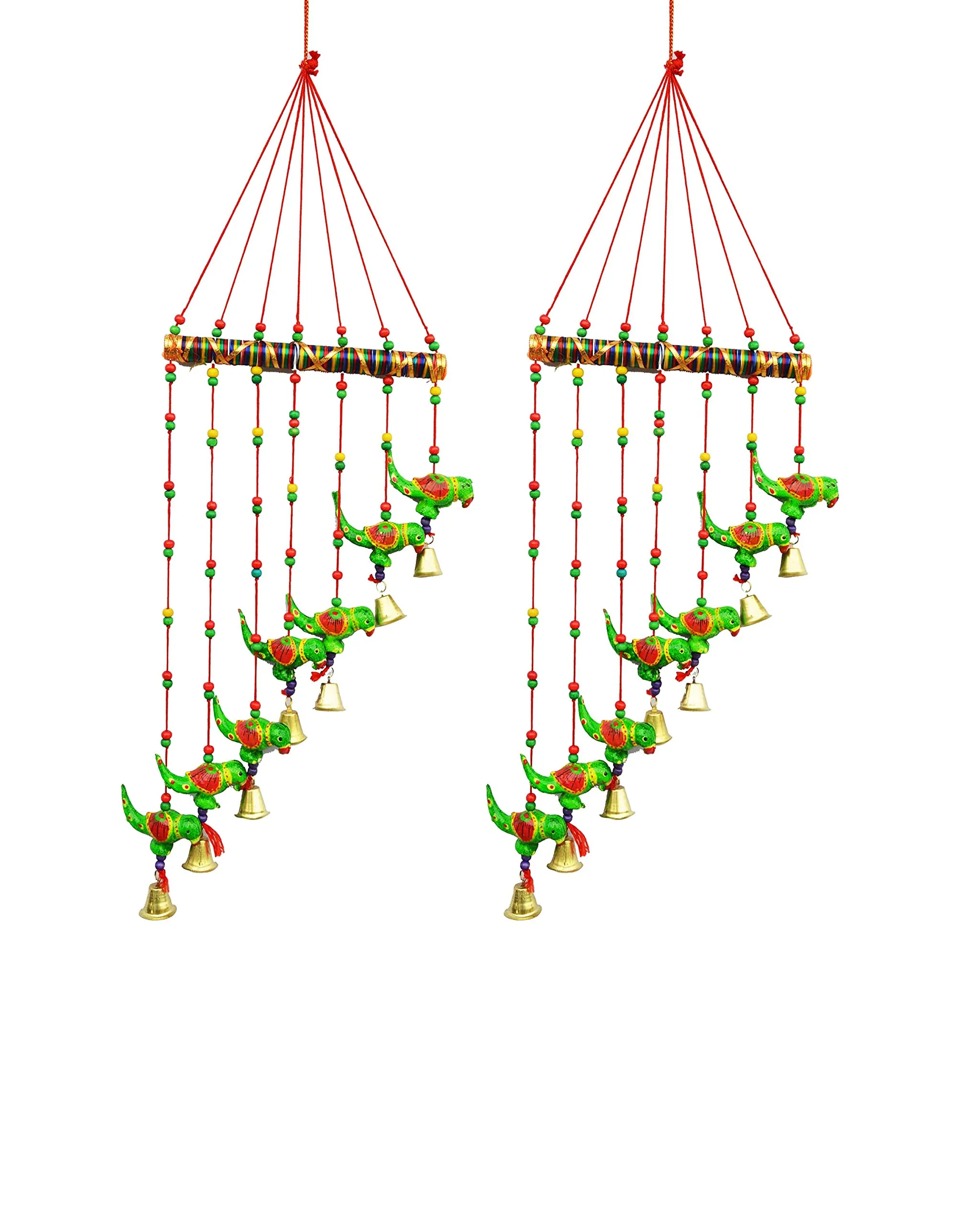 Wind Chimes for Home Decoration Paper Mache Showpiece Parrot Wind Chimes Home Decoration for Hall Balcony Wall/Door/Window Hanging Bells (90 cm, Green) - Combo Set of 2