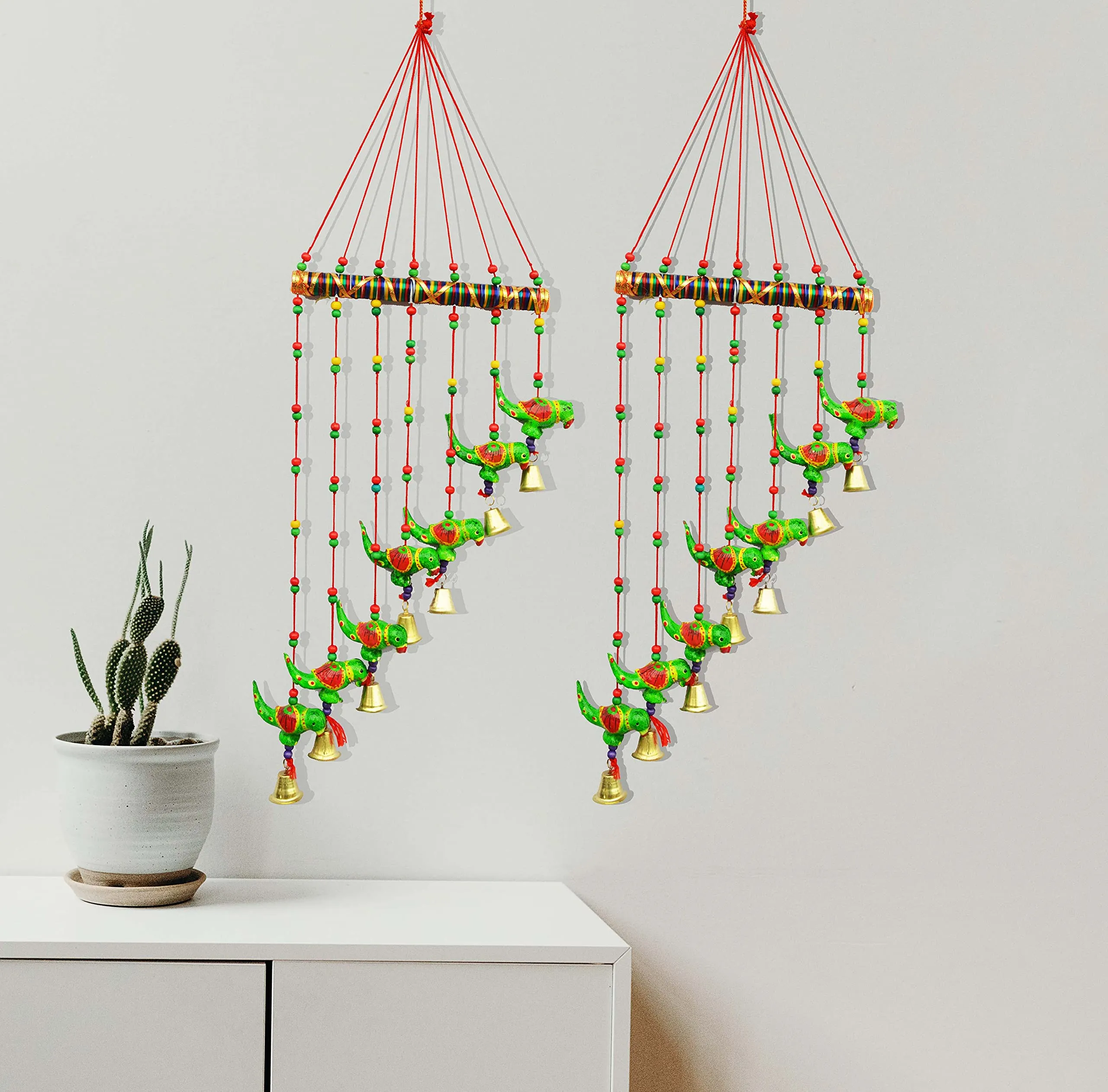 Wind Chimes for Home Decoration Paper Mache Showpiece Parrot Wind Chimes Home Decoration for Hall Balcony Wall/Door/Window Hanging Bells (90 cm, Green) - Combo Set of 2